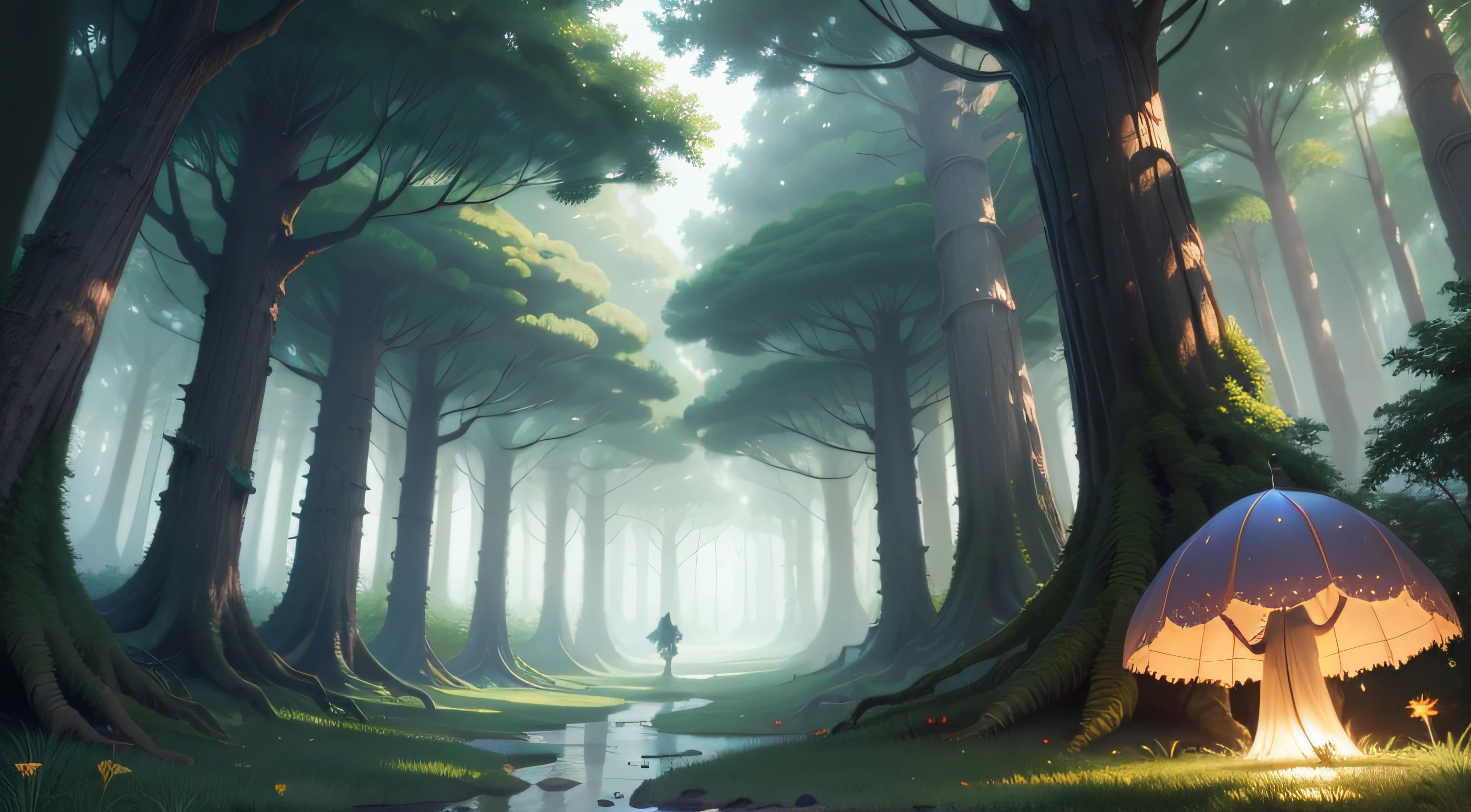 magical forest with large trees and bright fairies , sem rios ou lagos, com um tom de felicidade.mais fadas brilhantes