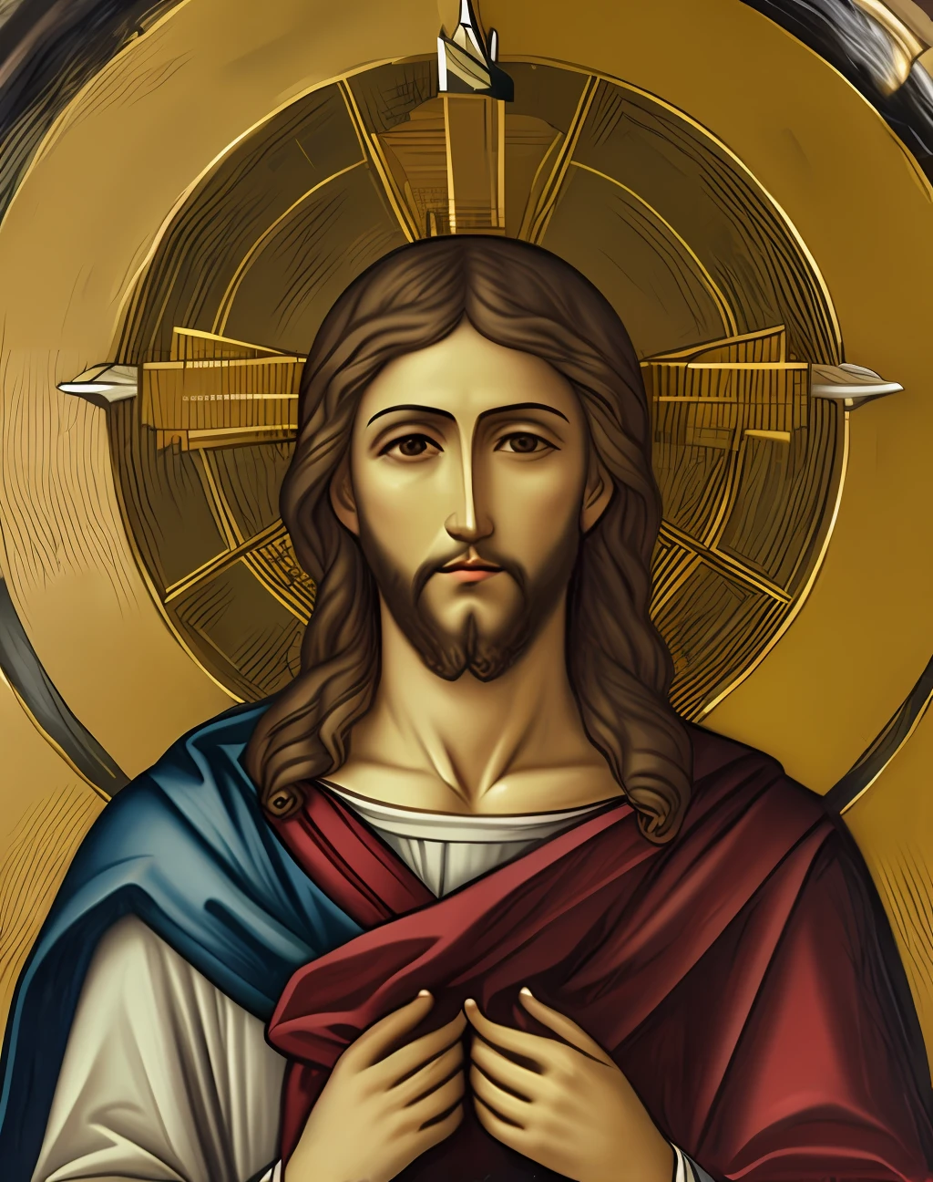 un retrato realista de Jesucristo de cuerpo entero, detallado, en donde exprese su fe a pesar de estar sufriendo