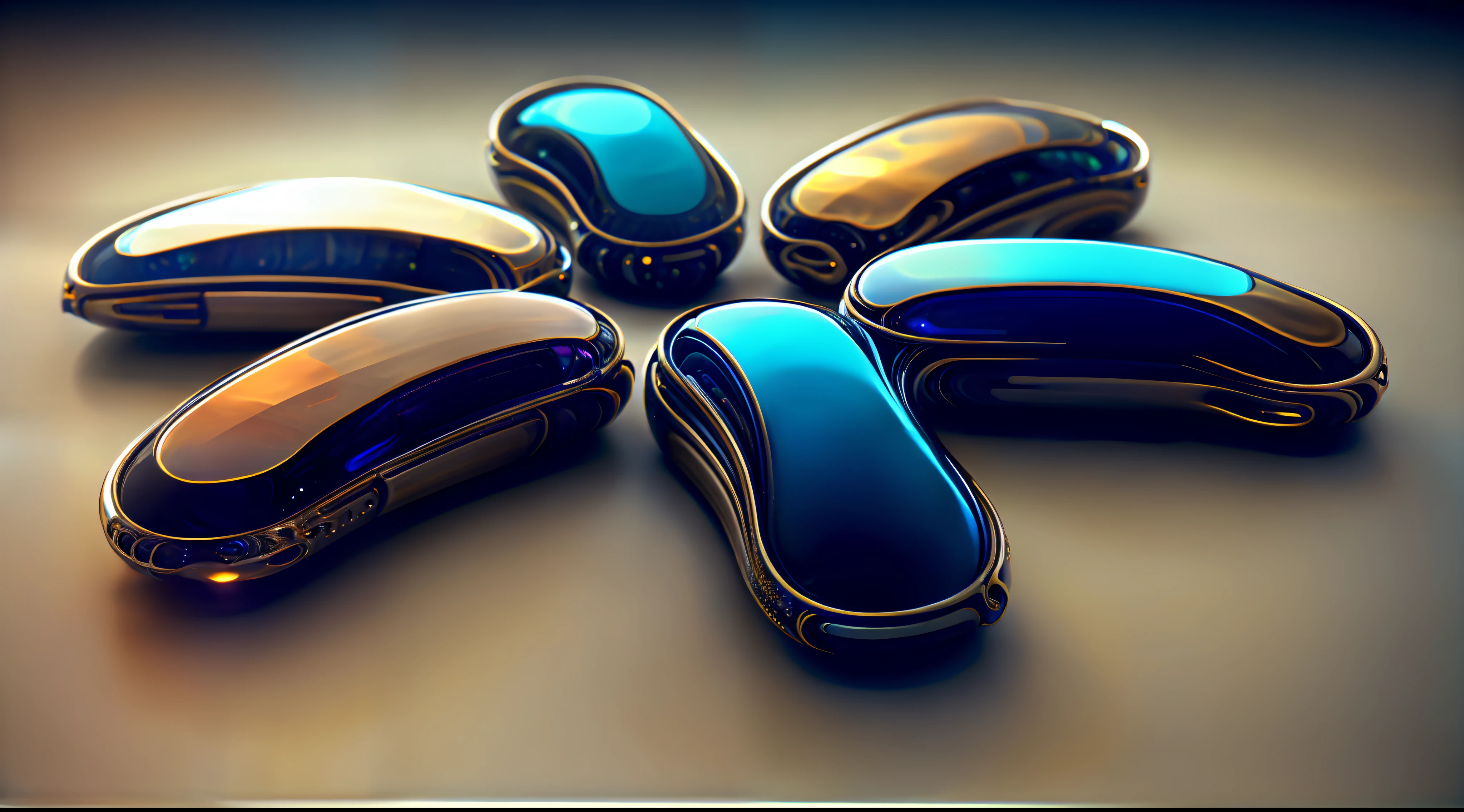 there are five different colors of plastic objects in a circle, multiple colors, futuristic solid colors, random metallic colors, glossy plastic, solid colours, metallic colors, shiny metallic glossy skin, cores diferentes, multiple colors, triadic chrome shading, ampla gama de cores, Design brilhante, 6 cores, acabamento brilhante, cores suaves, solid colours, cores brilhantes, metallic polished surfaces