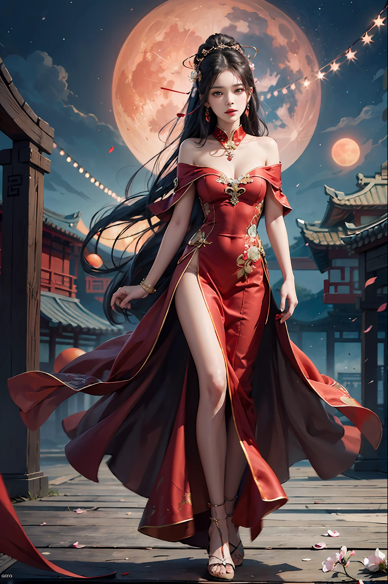 A Chinese woman wearing a red off-the-shoulder collared short gown with a red scarf at the hem of her robe is walking on the pier of an ancient Chinese building, her face is beautiful, with long black hair and a flower on her head, a digital artwork by Leng Mei, a former winner of the Artstation competition. It is a fantastical-style digital work of art that shows a beautiful fantasy world. The work is modeled on Ross Tran's style, and the black and white photograph of a woman in a red dress is eye-catching. This digital illustration is very beautiful, with a red moon in the picture, adding fantasy color. This is a detailed work of art in 8K high quality, with exceptionally fine imagery and excellent detail in the red moon. It's unforgettable