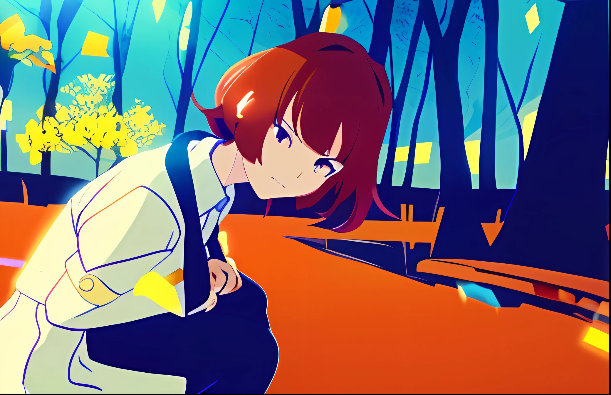 anime girl with red hair and white shirt crouching down in a park, ( ( ( yoshinari yoh ) ) ), style of satoshi kon, anime visual of a young woman, still from anime, anime still film anime shikishi, anime movie screenshot, anime film still, inspired by Satoshi Kon, satoshi kon anime, screenshot from the anime film, (((akashi-san)))