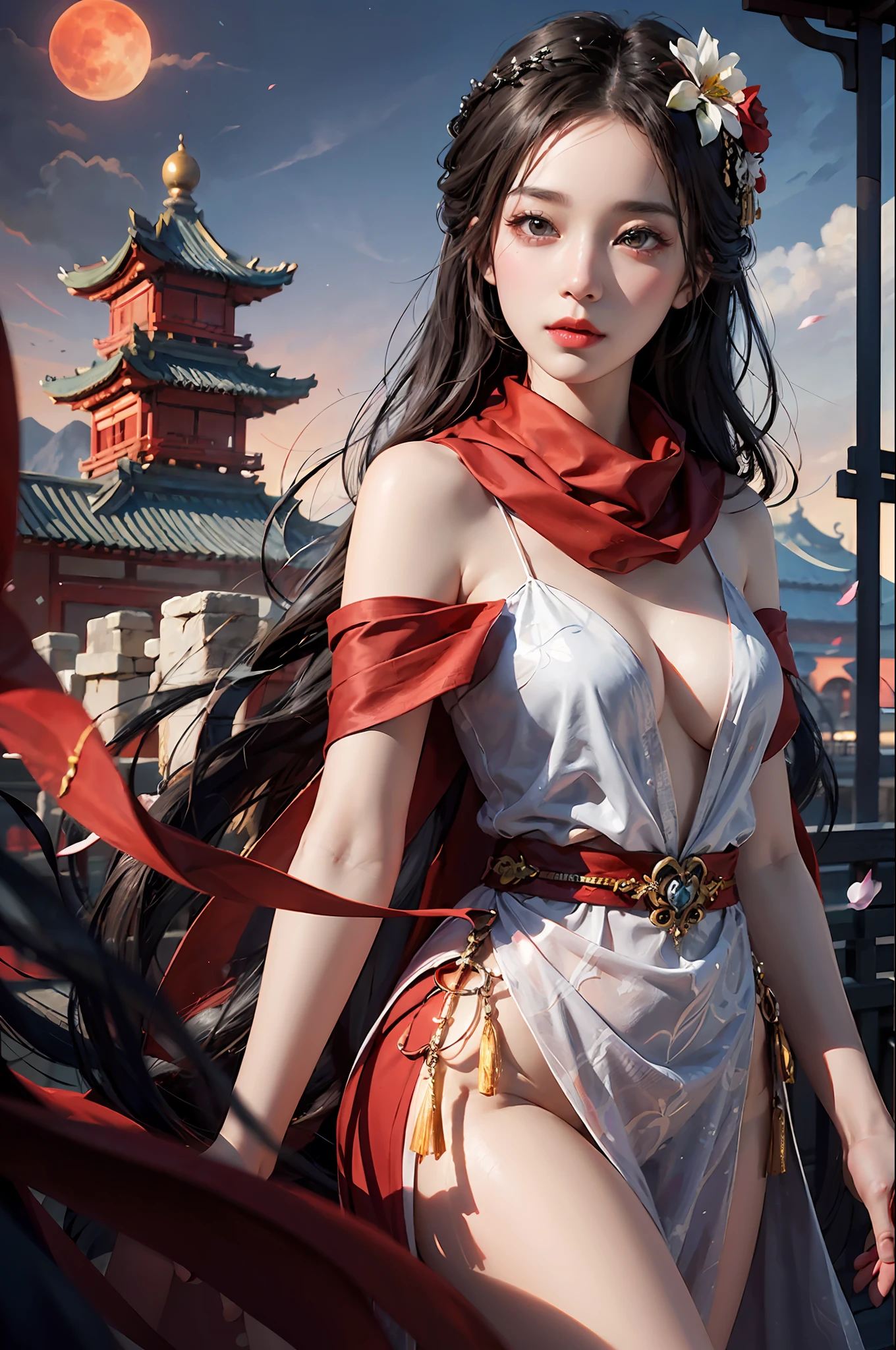 A Chinese woman wearing a red off-the-shoulder collared short gown with a red scarf at the hem of her robe is walking on the pier of an ancient Chinese building, her face is beautiful, with long black hair and a flower on her head, a digital artwork by Leng Mei, a former winner of the Artstation competition. It is a fantastical-style digital work of art that shows a beautiful fantasy world. The work is modeled on Ross Tran's style, and the black and white photograph of a woman in a red dress is eye-catching. This digital illustration is very beautiful, with a red moon in the picture, adding fantasy color. This is a detailed work of art in 8K high quality, with exceptionally fine imagery and excellent detail in the red moon. It's unforgettable