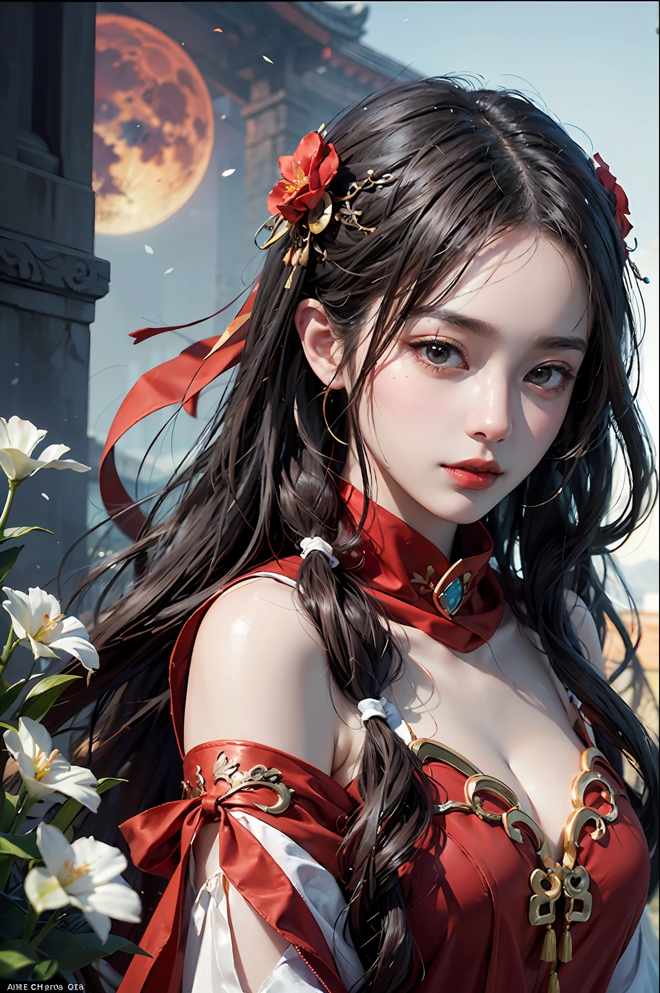 A Chinese woman wearing a red off-the-shoulder collared short gown with a red scarf at the hem of her robe is walking on the pier of an ancient Chinese building, her face is beautiful, with long black hair and a flower on her head, a digital artwork by Leng Mei, a former winner of the Artstation competition. It is a fantastical-style digital work of art that shows a beautiful fantasy world. The work is modeled on Ross Tran's style, and the black and white photograph of a woman in a red dress is eye-catching. This digital illustration is very beautiful, with a red moon in the picture, adding fantasy color. This is a detailed work of art in 8K high quality, with exceptionally fine imagery and excellent detail in the red moon. It's unforgettable