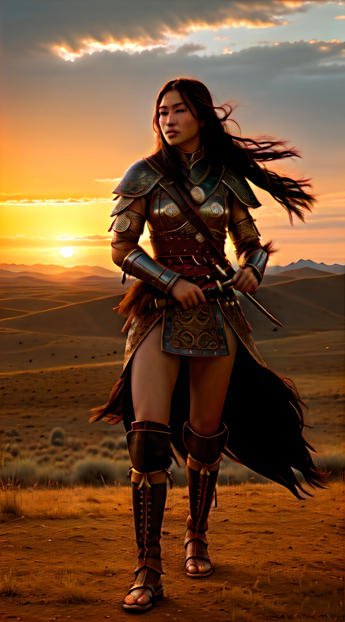 (masterpiece, best quality, photo-realistic:1.3), Mongolian warrior princess Khutulun, fierce gaze, (long raven hair:1.1), traditional 13th-century warrior attire, intricately embroidered leather armor, steel saber, backdrop of Mongolian steppe, herd of wild horses, free and untamed, vast grasslands, distant mountains, (vibrant sunset:1.2), detailed art by Greg Rutkowski, warm colors, dynamic angle, full body view.
