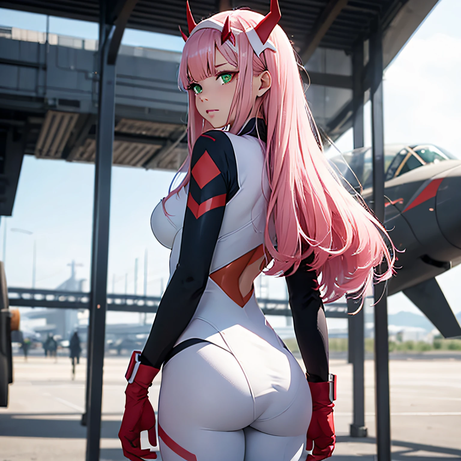 zero two \(darling in franxx\), darling in franxx, 1girl, bangs, bite, from behind, shadow, green eyes, hair behind head, horns, long hair, looking at viewer, big ass, makeup, small breasts, pilot suit, white suit, pink hair, red eyeshadow, science fiction, tight skin, solo --auto