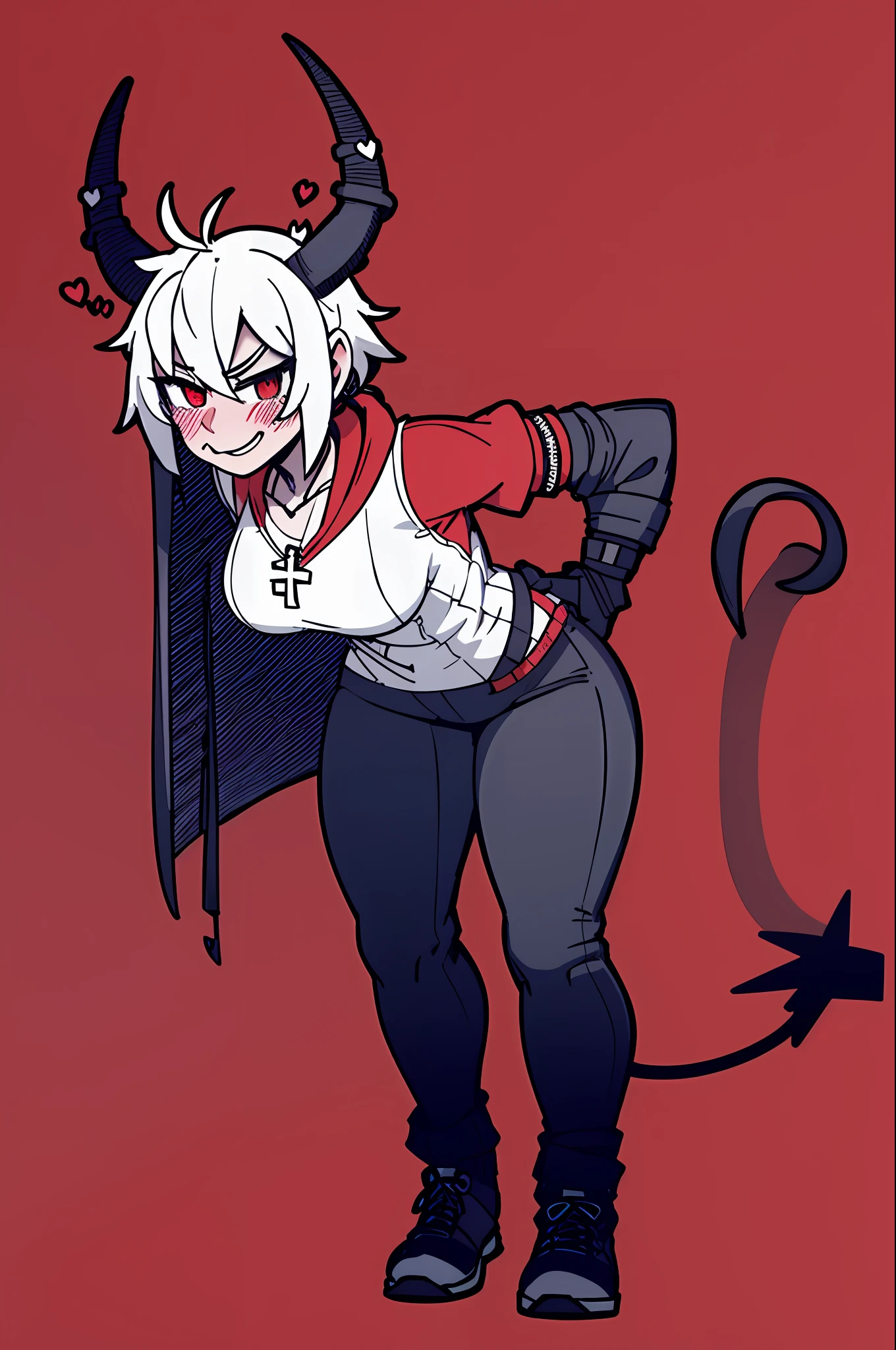 1girl, solo, short sleeve hoodie, black fingerless gloves, breasts, arms at sides, wide hips, blush, blushing, thick thighs, night, cross necklace, tall leather boots, heart eyes, full body shot, horns on head, demon tail, black white and red outfit, red black and white background colors, short suit pants, white hair, tomboy, tall, hands on hips, short hair, smirk, smug, sneakers, running shoes, rolled up pants, exposed calf's, exposed thighs, leaning over