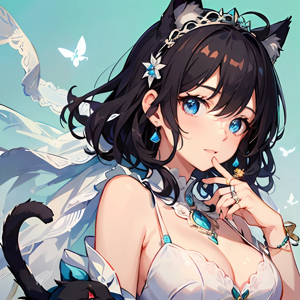 ((最好质量))、((巨作))、((ultra-definition))、(illutst)、(Fine light)、(Extremely delicate and beautiful)、(((独奏)))、a 1 girl、(((a beautifulchi girl) )))、((Best Quality, High_resolution, Distinct_image)),(Black hair), (Black cat ears), (Ahoge), (absurdly short hair), (Wavy hair), (Blue Eyes),Fashionable background、weddingdress、Wearing a tiara、Wearing a ring on the ring finger of his left hand、