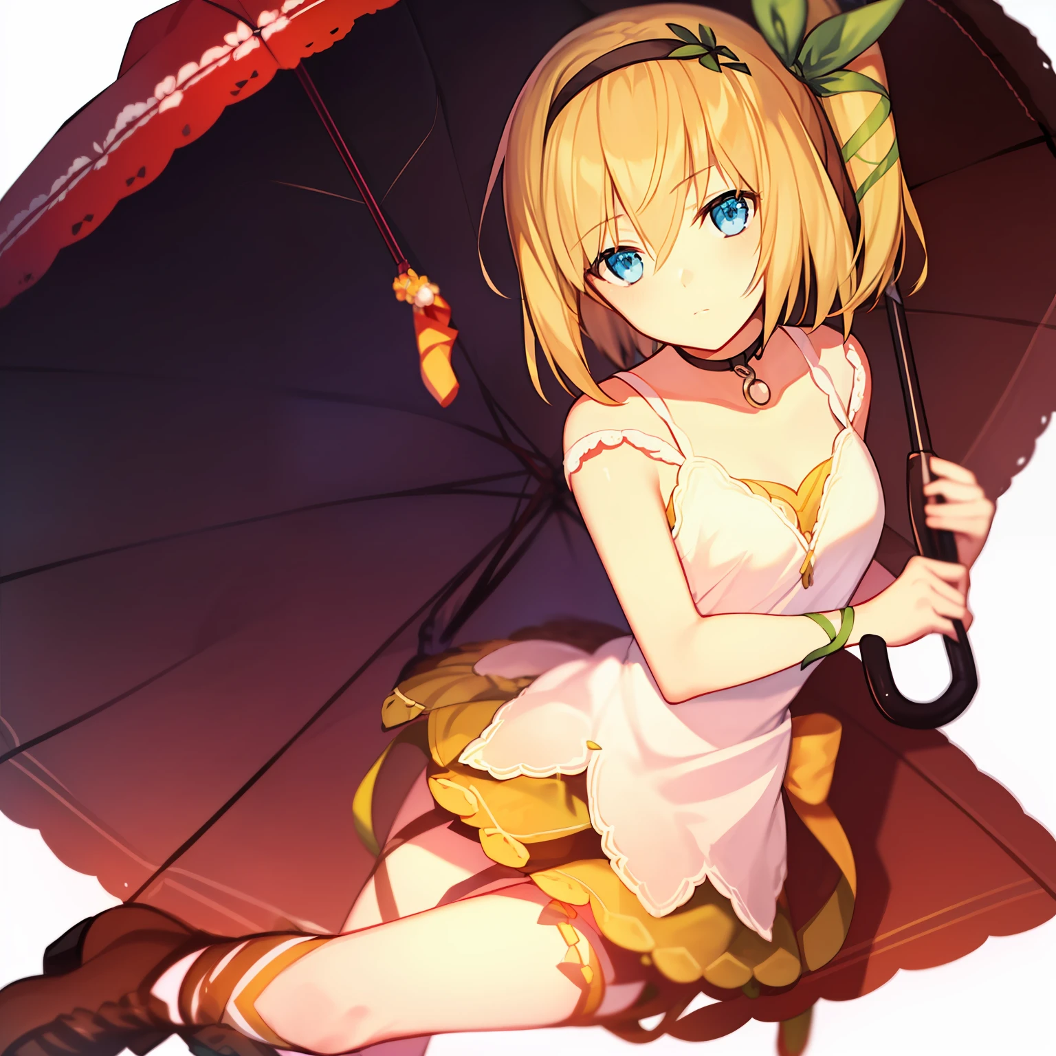 1girl, black_choker, blonde_hair, blue_eyes, chibi, choker, commentary_request, edna_(tales), expressionless, full_body, hair_ribbon, hairband, holding, holding_umbrella, leg_ribbon, pink_background, plaid, plaid_background, ribbon, setsura_(aowata35), shoes, short_hair, side_ponytail, skirt, solo, tales_of_(series), tales_of_zestiria, tress_ribbon, umbrella, under_umbrella, white_skirt, white_umbrella