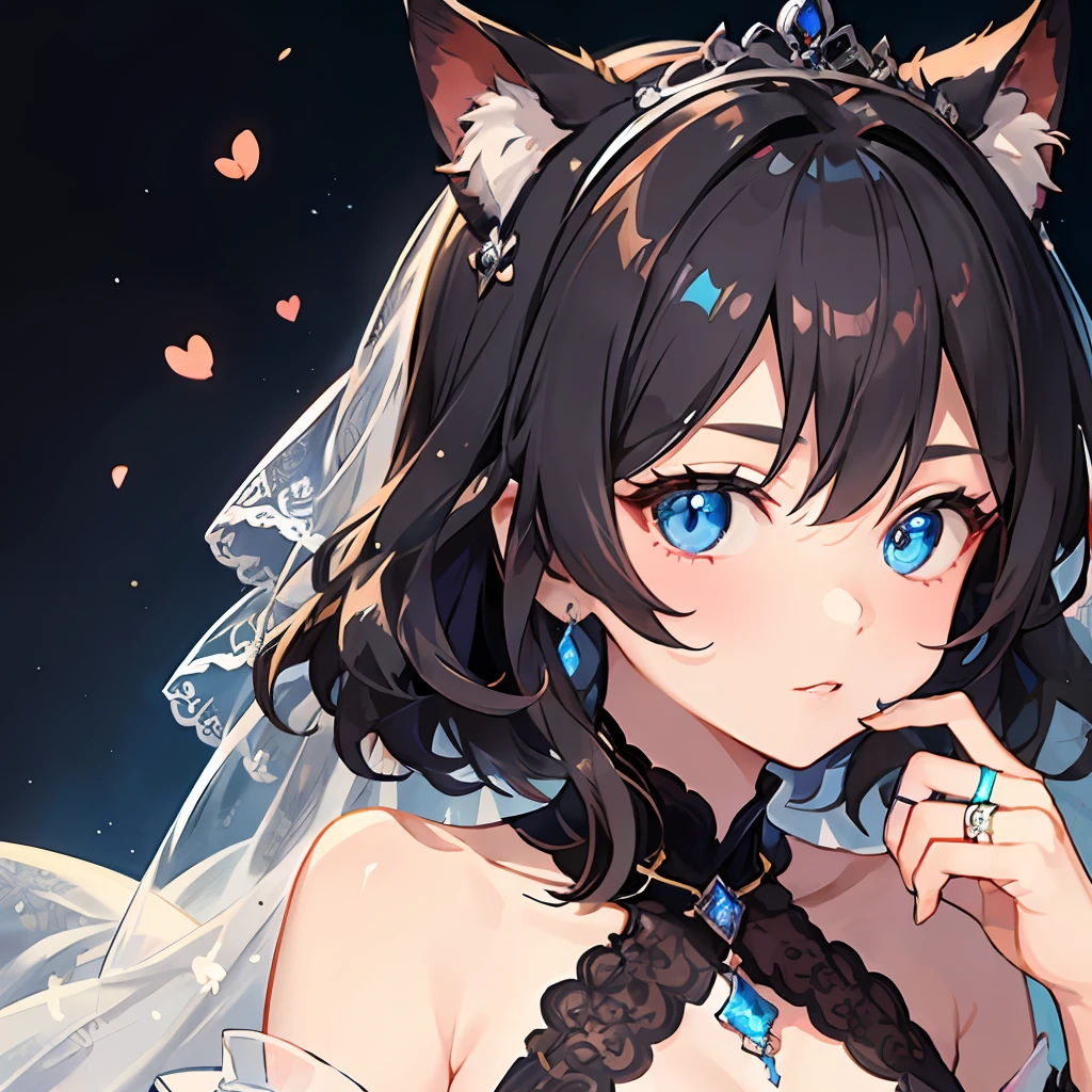 ((最好质量))、((巨作))、((ultra-definition))、(illutst)、(Fine light)、(Extremely delicate and beautiful)、(((独奏)))、a 1 girl、(((a beautifulchi girl) )))、((Best Quality, High_resolution, Distinct_image)),(Black hair), (Black cat ears), (Ahoge), (absurdly short hair), (Wavy hair), (Blue Eyes),Fashionable background、weddingdress、Wearing a tiara、Wearing a ring on the ring finger of his left hand、