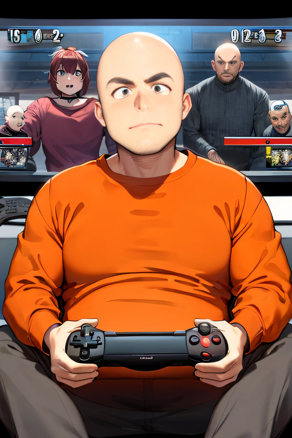 one man, bald, bald, adult, bald, wide body, orange sweatshirt, wearing orange sweatshirt, closed mouth, fake fat, Video game controller in hand, sitting, looking in viewer, male focus, motion lines , fun, no hair, no hair, thin beard, holding video game controller, anime style