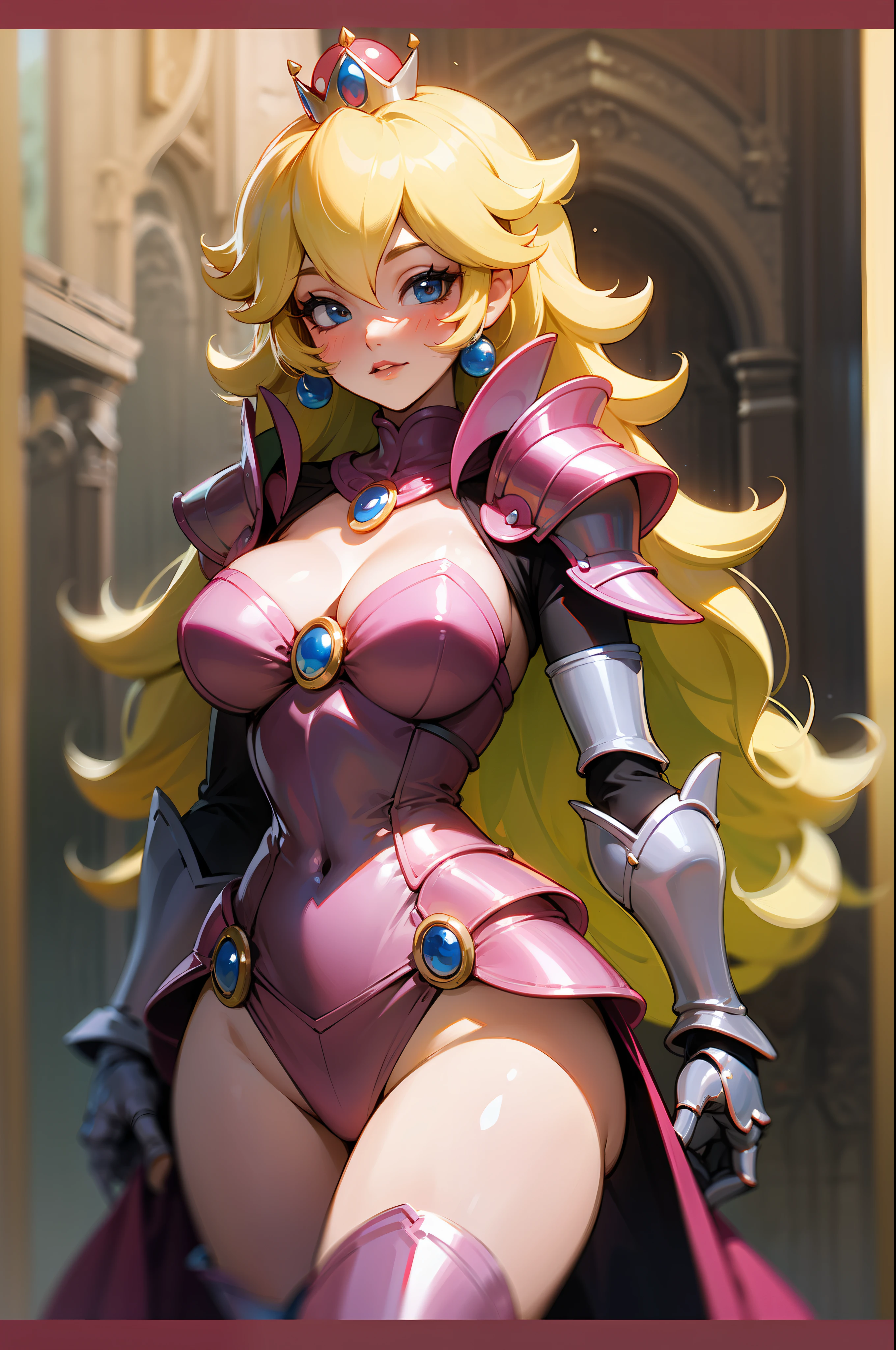 Princess Peach, from super Mario, as a sensual medieval knight, pink armor