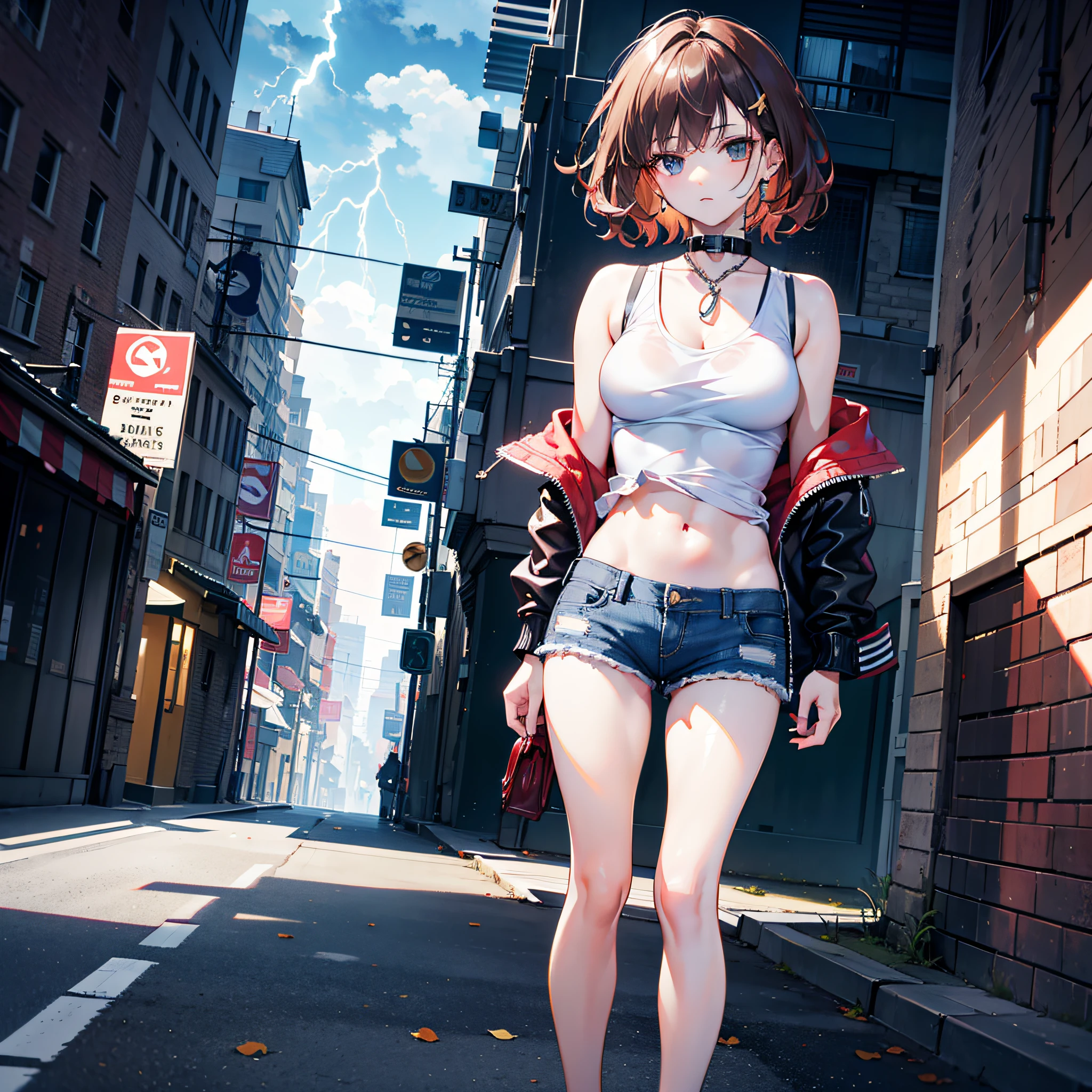 ((medium breast, tomboy girls, small head)), daylight, sunlight, (chiseled abs : 1.1), (perfect body : 1.1), (short wavy hair : 1.2) , auburn hair, collar, chain, full body shot, crowded street, wearing black tanktop, jeans jacket, ((shorts)), (extremely detailed CG 8k wallpaper), (an extremely delicate and beautiful), (masterpiece), (best quality:1.0), (ultra highres:1.0),  beautiful lighting ,perfect lightning, realistic shadows, [highres], detailed skin, ultra-detailed