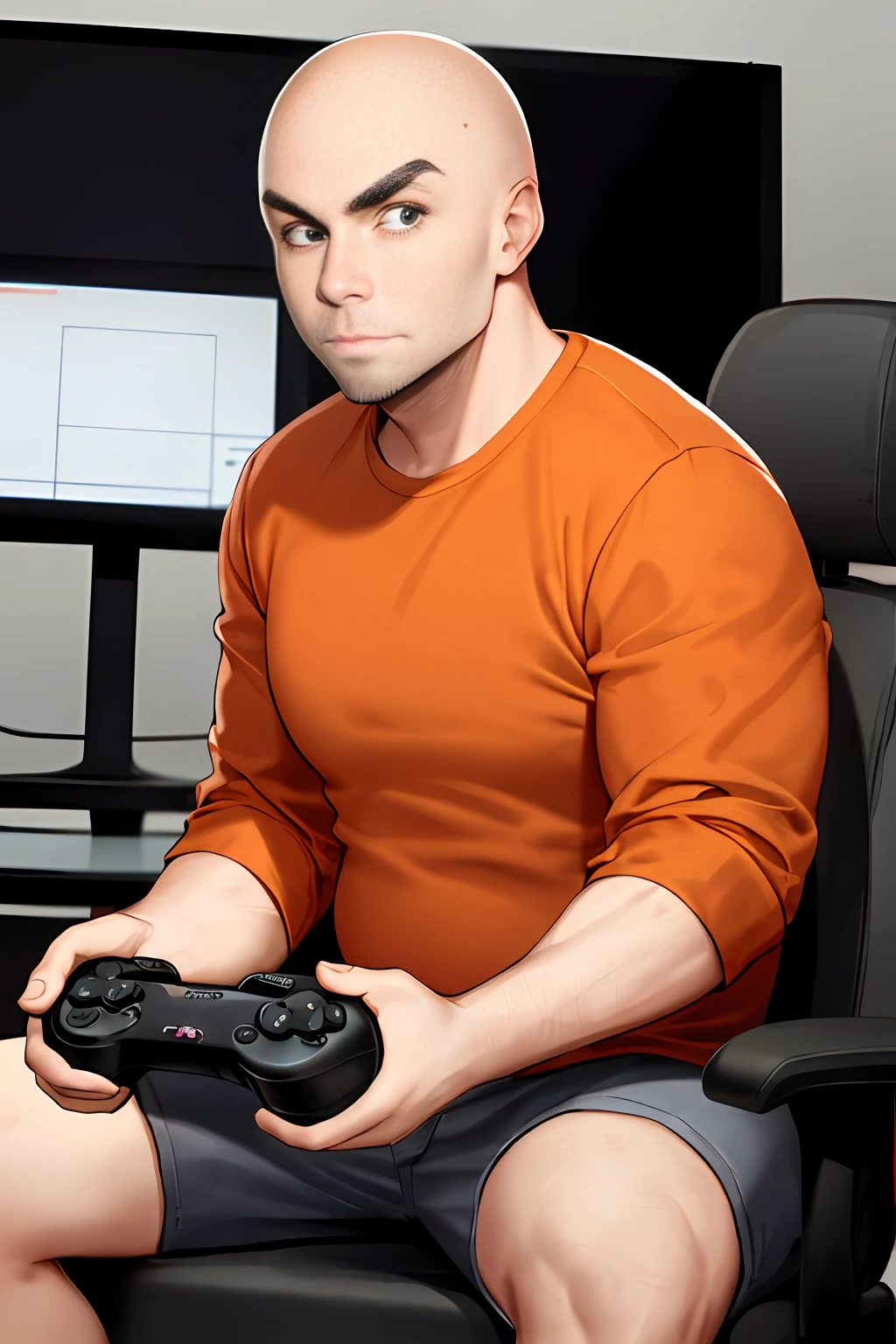 one man, bald, bald, adult, bald, wide body, orange sweatshirt, wearing orange sweatshirt, closed mouth, fake fat, Video game controller in hand, sitting, looking in viewer, male focus, motion lines , fun, no hair, no hair, thin beard, holding video game controller, anime style