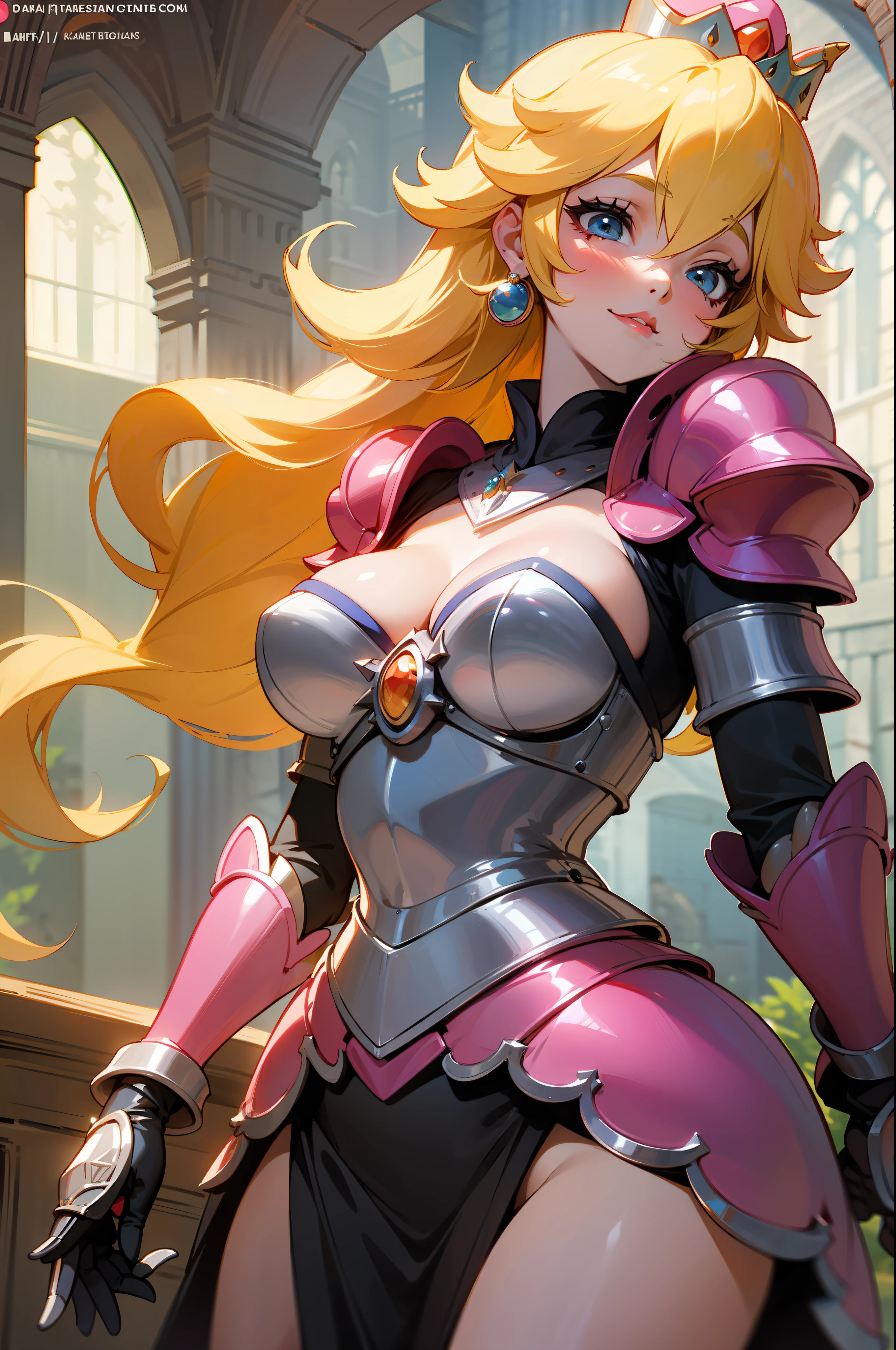 Princess Peach, from Super Mario, as a sensual medieval knight, carved detailed pink armor, intricate details