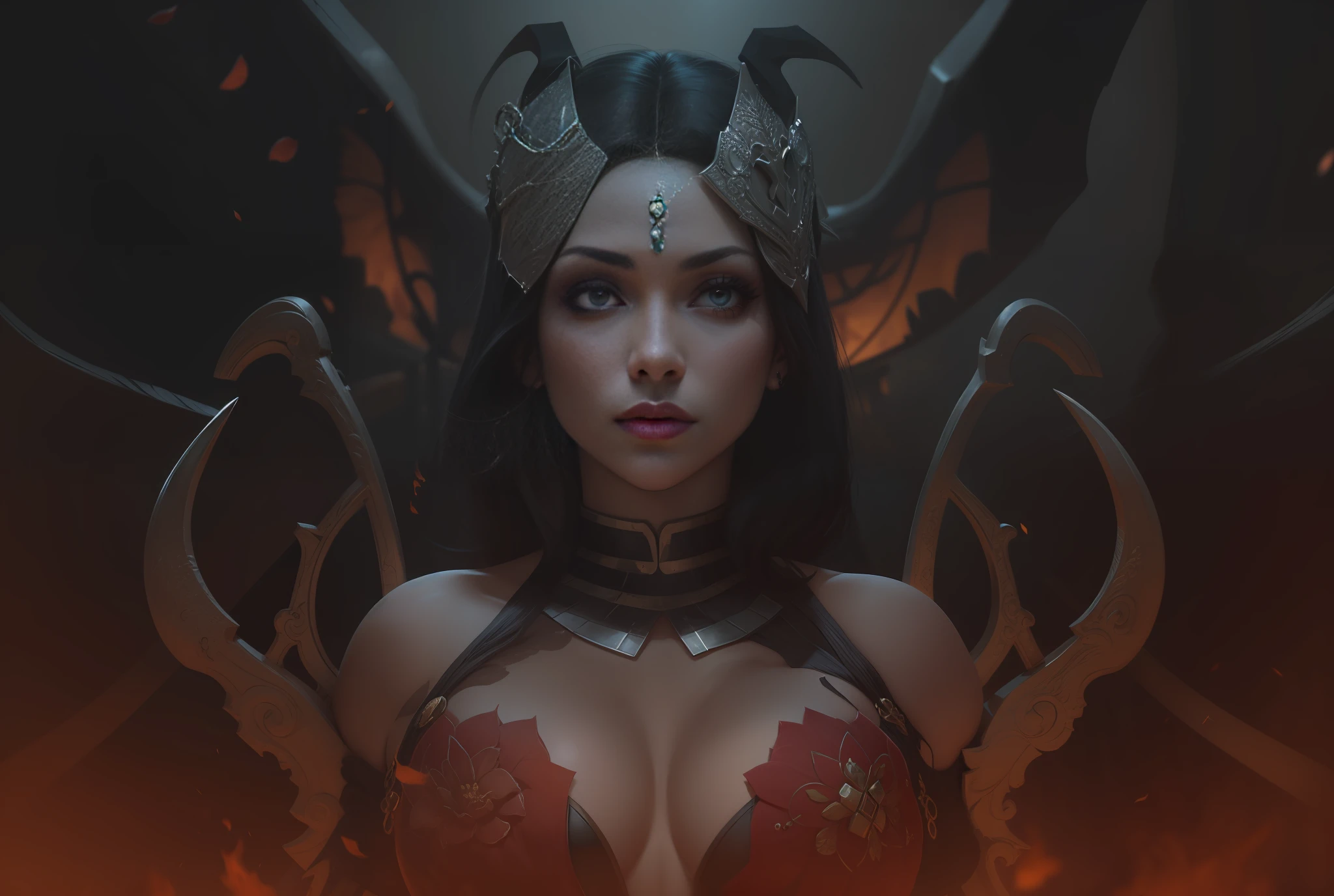 hermosa mujer demonio, armadura bikini, mirada seductora y hermosa, mejor calidad, reina del dolor, akasha Lilith, sucubo.