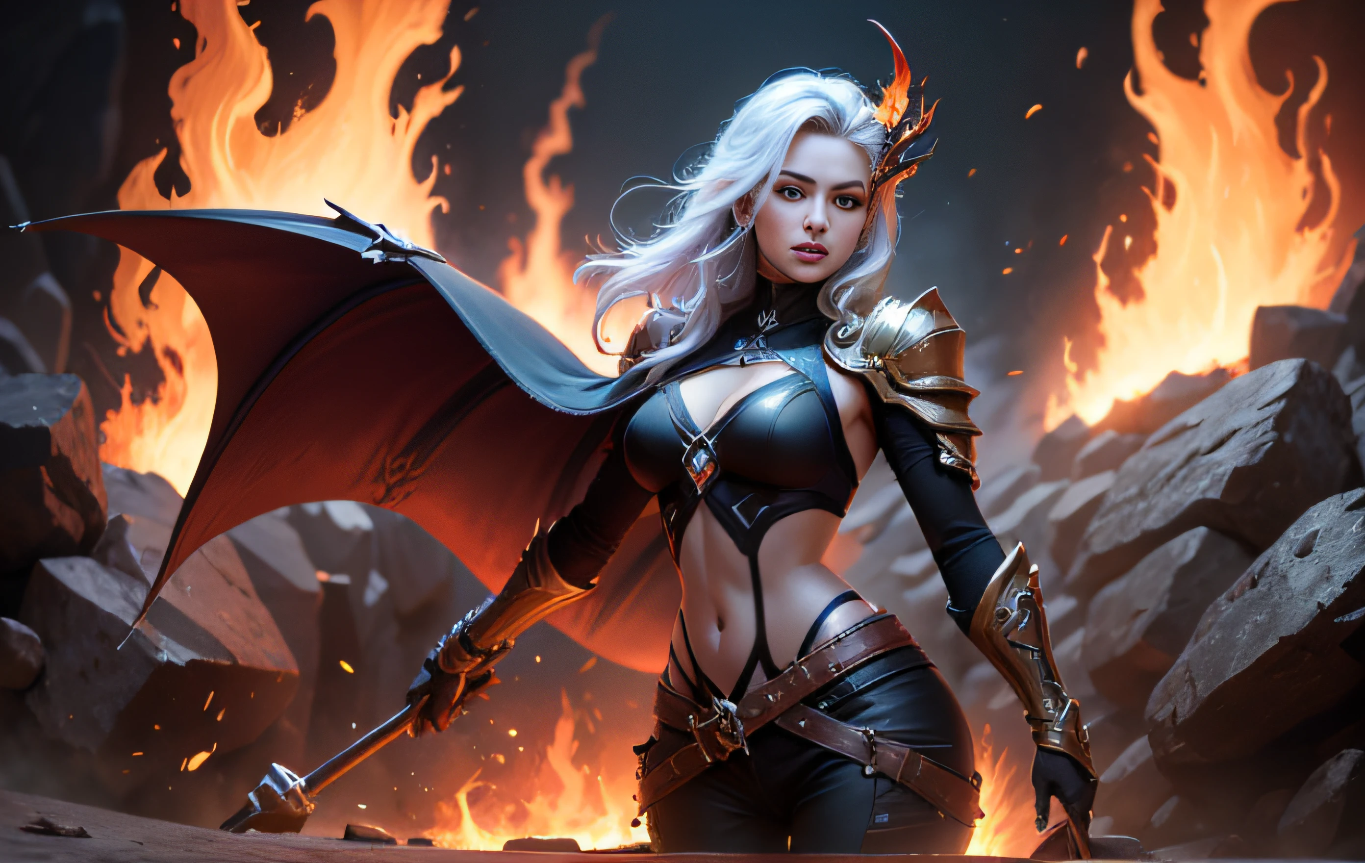 Uma bela pintura de garota branca de cabelo preto longo, corpo completo, luz do fogo, chama ao redor, Magic messenger of fire, estilo dota 2 fire girl, estilo faca fantasma, cabelo tipo fogo, cabelo preto longo, olhos grandes azuis aquosos, cintura fina, quadris largos, vestes de mago comprida, corpo completo, magia cores, Estilo World of Warcraft, Por Blizzard Entertainment, Ultra HD, 8K, textura real da pele, melhor luz, melhor sombra, Lina from dota 2, Action, MagicWorld, Prone view, boca pequena, nariz pequeno, olhos grandes, fofo, cheio corpo, perfect body proportions, contraste aprimorado, Fire dragon as background, fragmentos vazios, --auto