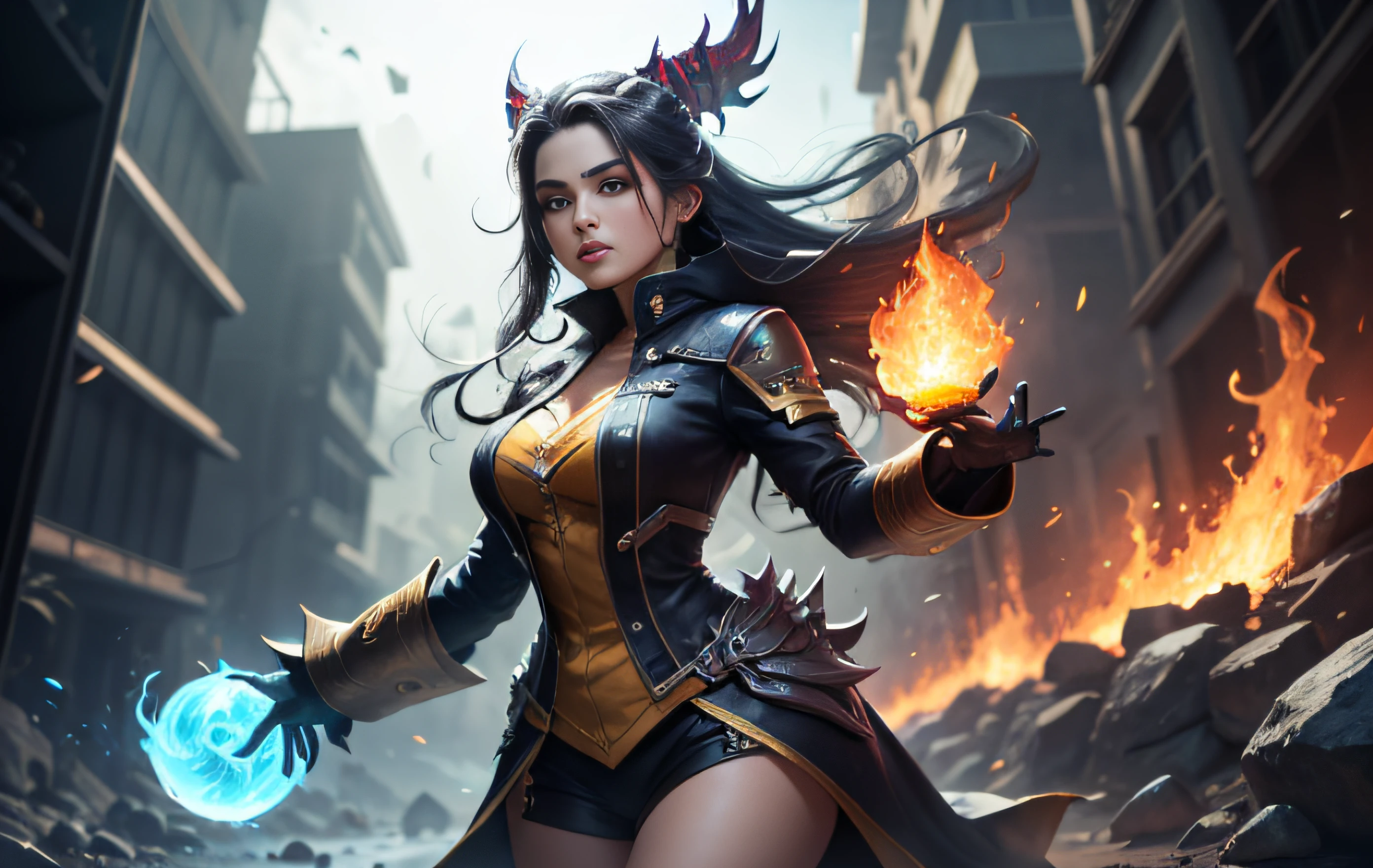 Uma bela pintura de garota branca de cabelo preto longo, corpo completo, luz do fogo, chama ao redor, Magic messenger of fire, estilo dota 2 fire girl, estilo faca fantasma, cabelo tipo fogo, cabelo preto longo, olhos grandes azuis aquosos, cintura fina, quadris largos, vestes de mago comprida, corpo completo, magia cores, Estilo World of Warcraft, Por Blizzard Entertainment, Ultra HD, 8K, textura real da pele, melhor luz, melhor sombra, Lina from dota 2, Action, MagicWorld, Prone view, boca pequena, nariz pequeno, olhos grandes, fofo, cheio corpo, perfect body proportions, contraste aprimorado, Fire dragon as background, fragmentos vazios, --auto