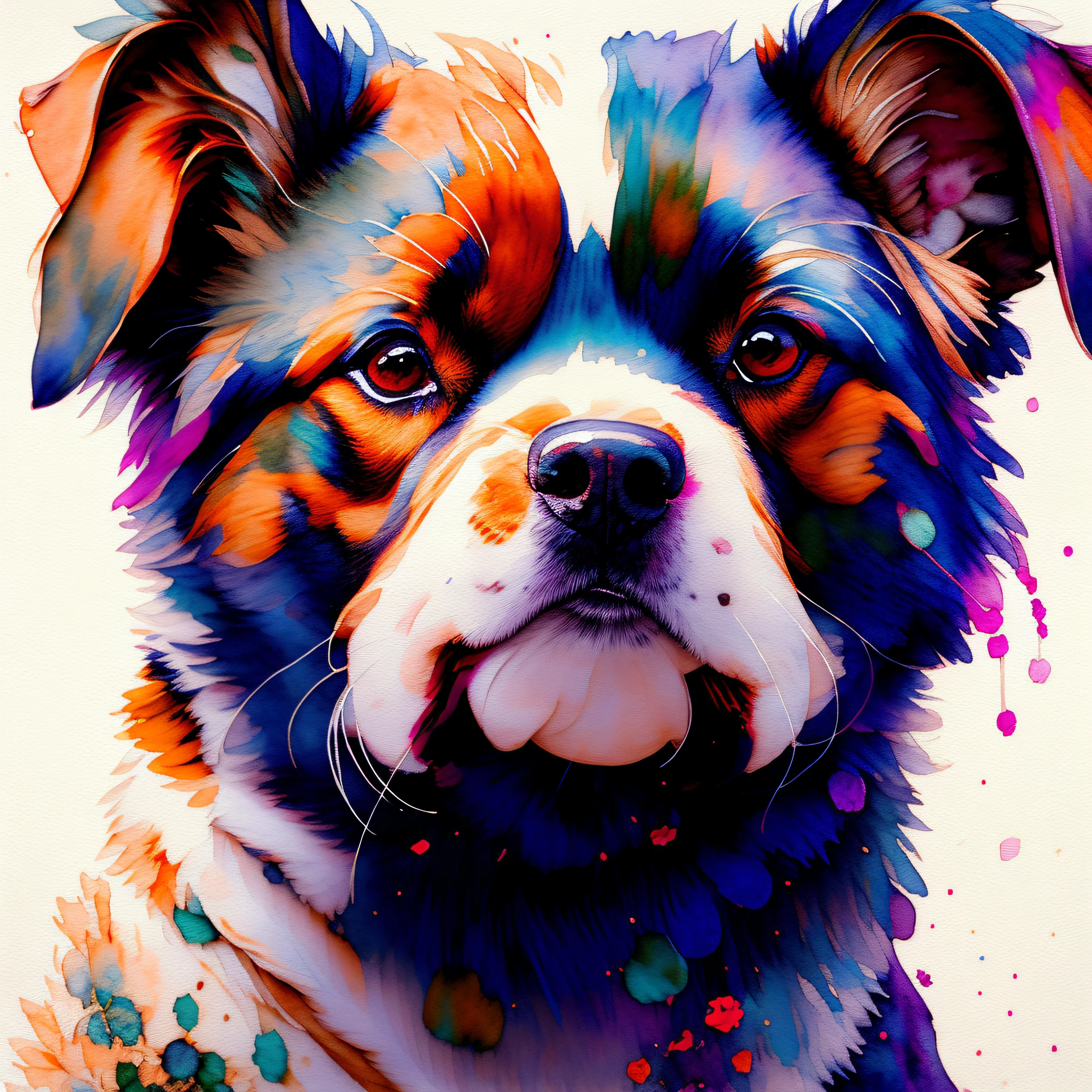 wtrcolor style, (dog character) digital art, official art, frontal, smiling, masterpiece, beautiful, ((watercolor)), face paint, paint splatter, intricate detail. Very detailed and detailed eyes, [drops: 0.5], trending on artstation, by Rachel Walker