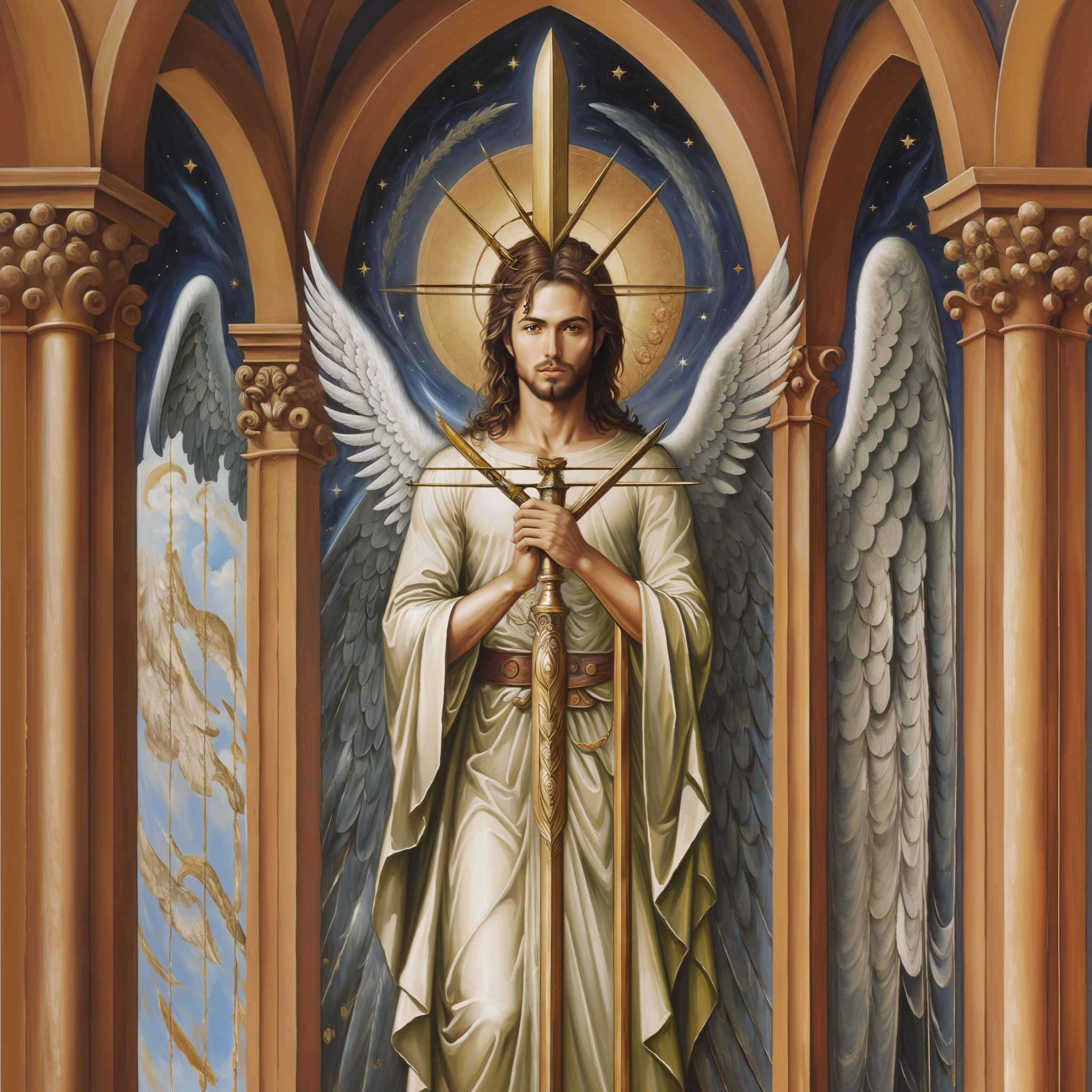 Man loiro Saint Archangel miguel com a espada, age 29 years, Catholic saint. celestial environment. purity. emanated heals. pintura a óleo. --auto --s2