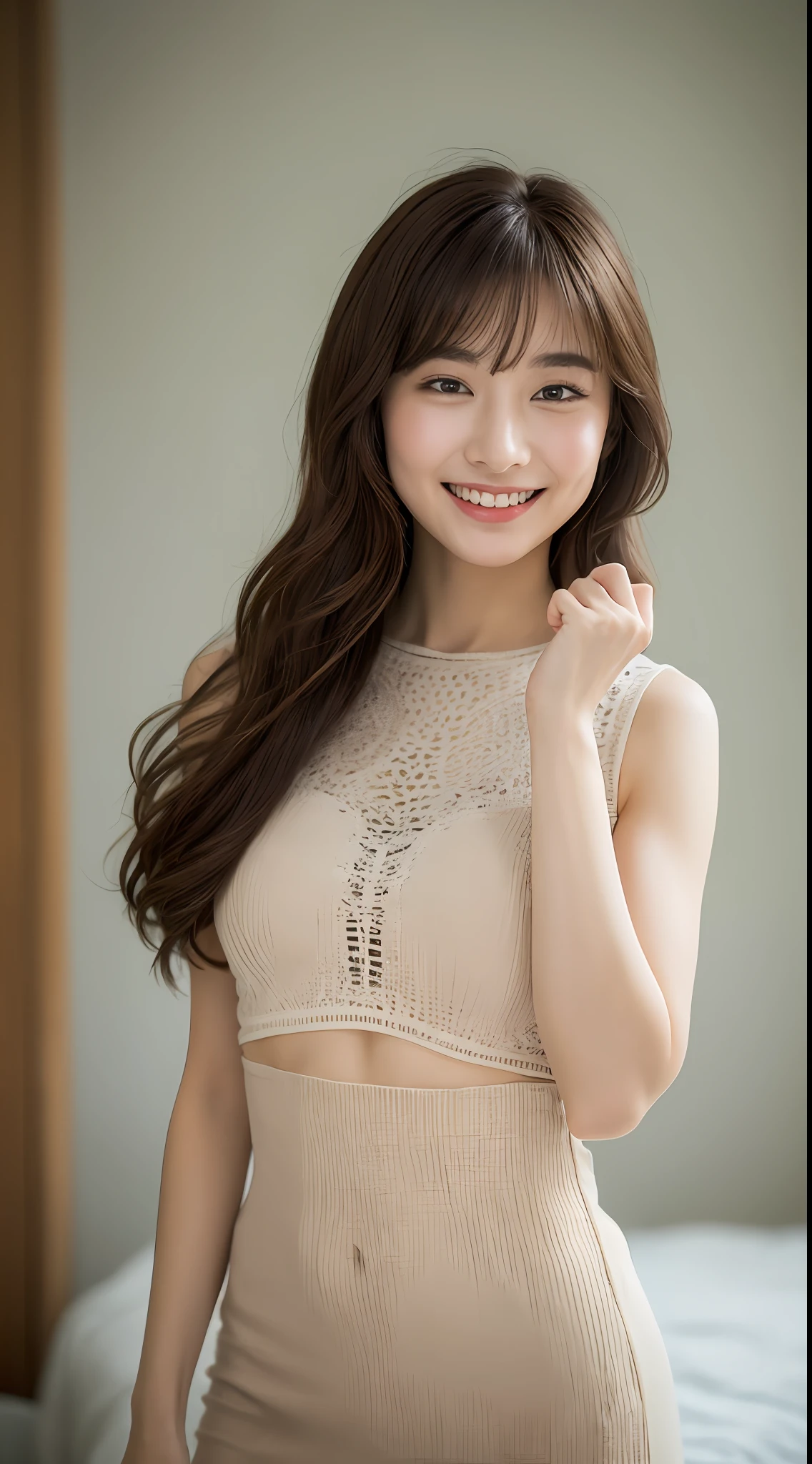 ((Best Quality, 8K, Masterpiece: 1.3)), 1 Girl, Slim Abs Beauty: 1.3, (Hairstyle Brown Hair Shortcut, Big: 1.2), Dress: 1.1, Super Slender Face, Delicate Eyes, Double Eyelids, Smile, Home, Raw Photo