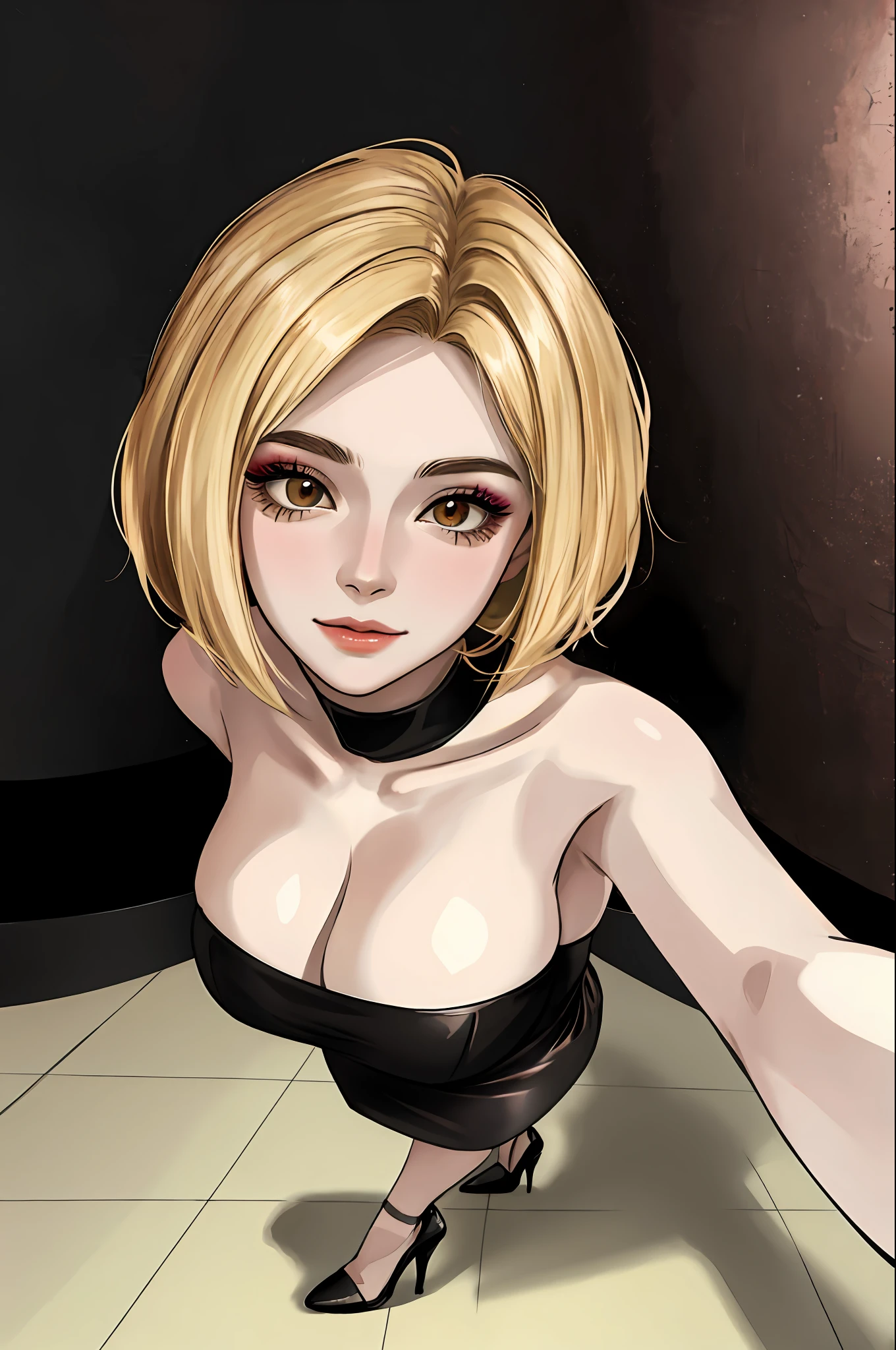 ((8k uhd, 8k Wallpaper, extremely detailed CG unity 8k wallpaper), (High Quality, Ultra Quality, High resolution), (trending on art station), (detailed, intricate details, detailed background, detailed face, detailed skin), (masterpiece, best quality, ultra-detailed, best illustration, best shadow)), BREAK, ((1girl, solo):1.1), (makeup), (tube top, solid tube top, cleavage), (mini skirt), (high heels), natural makeup, big tits, seductive, motherhood, looking at the audience, curvy, sexy, CEO lady, (mature woman, milf: 1.1), solo, (curve: 1.1), milf, blonde hair, bob haircut, nfsw, selfie, face close up,