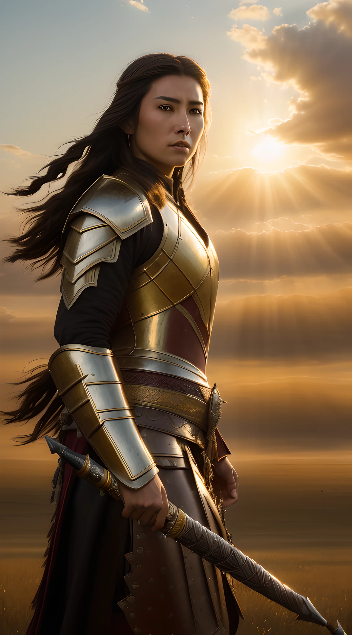 (masterpiece, 8K, high resolution, Greg Rutkowski's style:1.4), indomitable Khutulun, (traditional Mongolian warrior gear:1.2), performing intricate wrestling maneuver, isolation, immense Mongolian grasslands, dusky sunset, (golden rays glancing off her armor:1.2), focused expression, determined eyes, wind teasing her long hair, diagonal shot, side view.