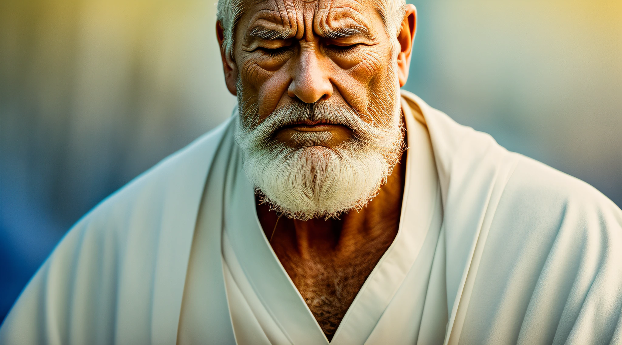 a meditating sage, with a white robe, with blue details, white beard, calm countenance, realistic image, Expressionism, relationship graph, reflection light, backlighting, UHD