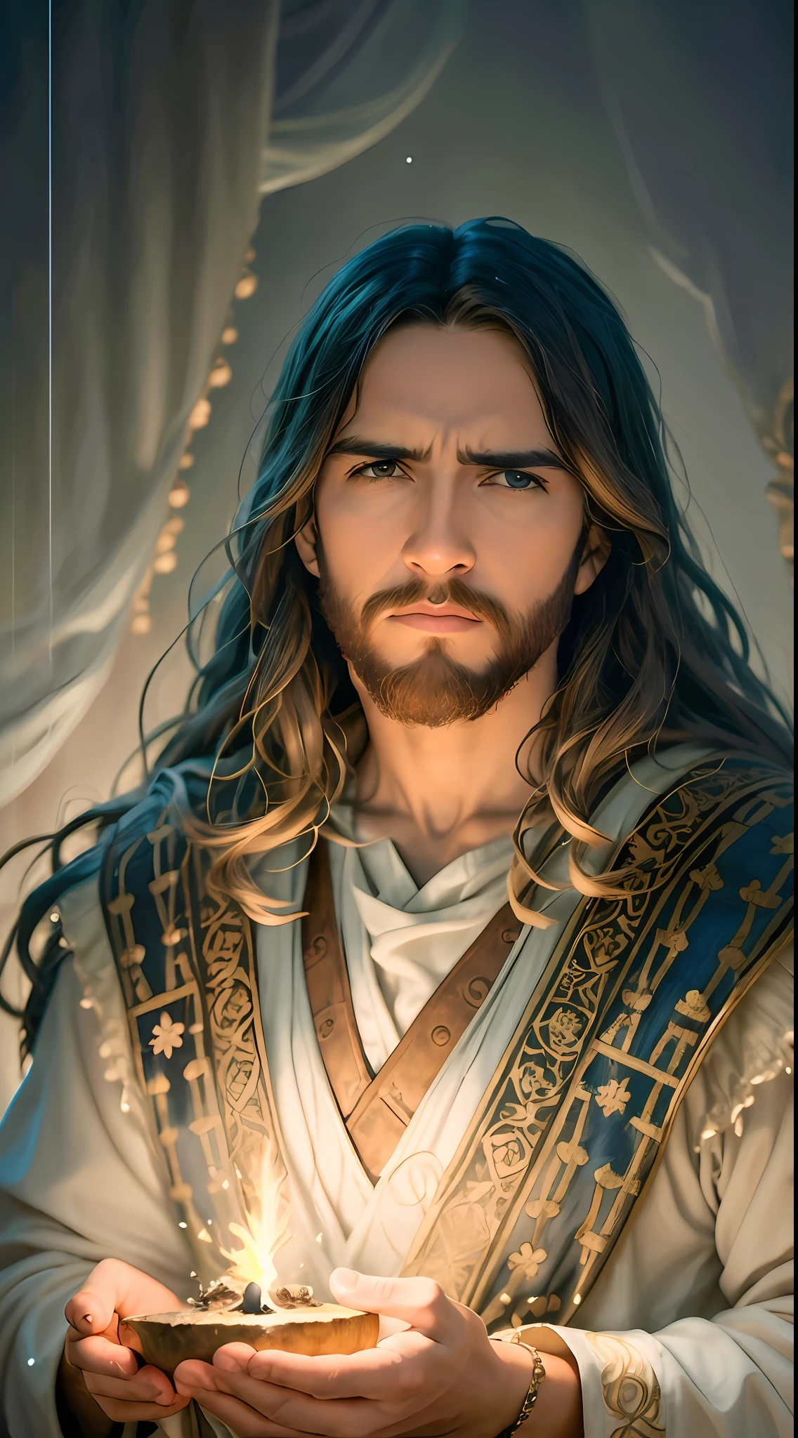 Jesucristo viendo el mar rostro bien definido y cerca