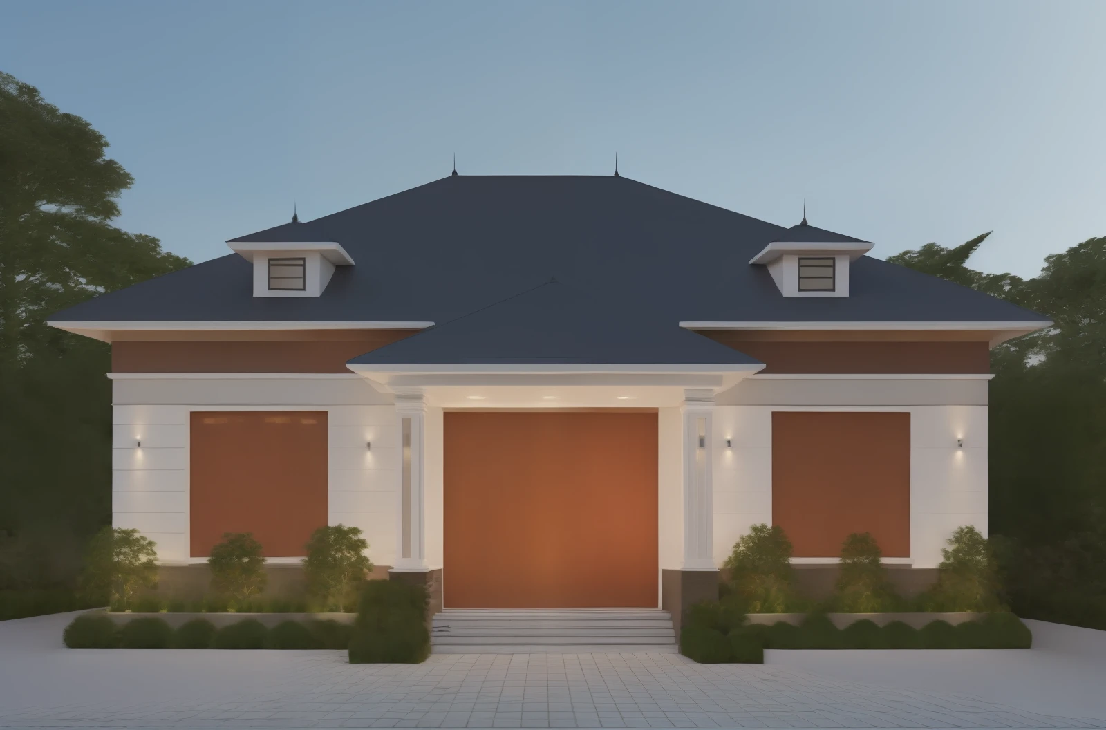 ((Best quality, 8k, Masterpiece :1.3)), ((hyper realistic:1.5)), Sharp focus :1.2, 1 HOUSE, SLOPE ROOF, (1 wood and glass door:1.2), 2 glass window, (glossy floor), Dawn breaks over a Japanese-style villa, with modern architecture, a roof covered in vegetation, and a clear atmosphere. A tree grows nearby, casting a gentle shadow on the road and floor below., day light at 10:00 am