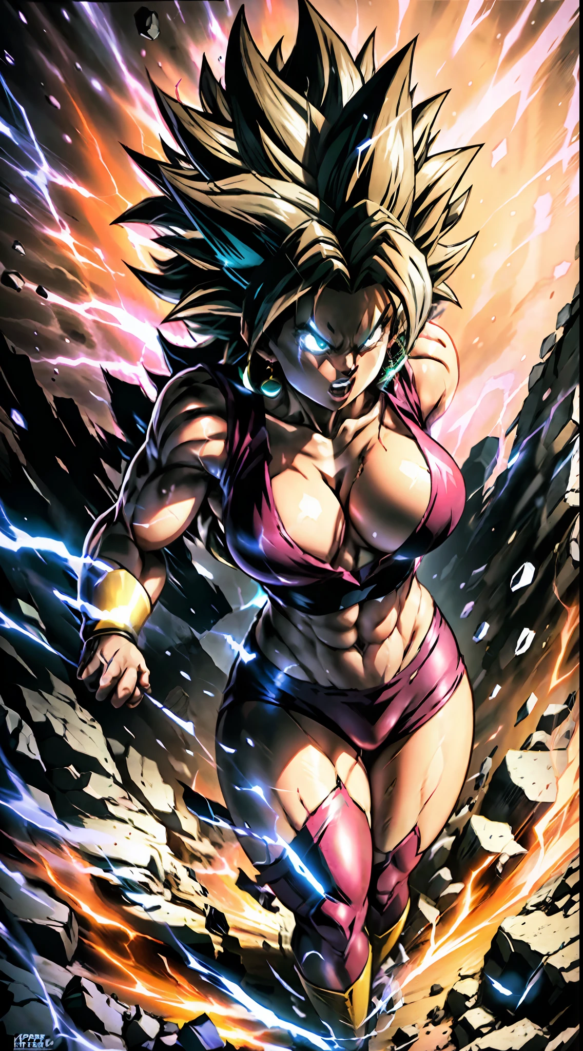 Super Saiyan Kefla unleashes a colossal energy wave that shatters the ground and creates a massive shockwave. He stands on a rocky terrain with a stormy sky in the background. The energy wave is a mix of pink and yellow hues with a swirling pattern. (dark:1.2), (epic:1.3), (chaotic composition:1.2), (metallic:1.1), (gritty texture:1.1), (comic book:1.2), (((3D))), (((realistic))), girl, big tits, green hair, red suite