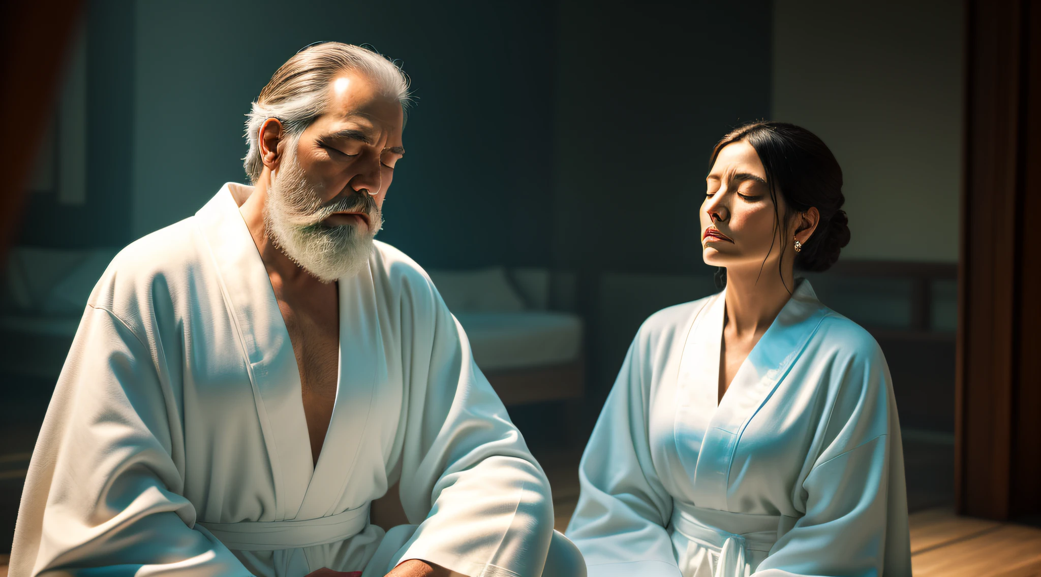 a meditating sage, with a white robe, with blue details, white beard, calm countenance, realistic image, Expressionism, relationship graph, reflection light, backlighting, UHD