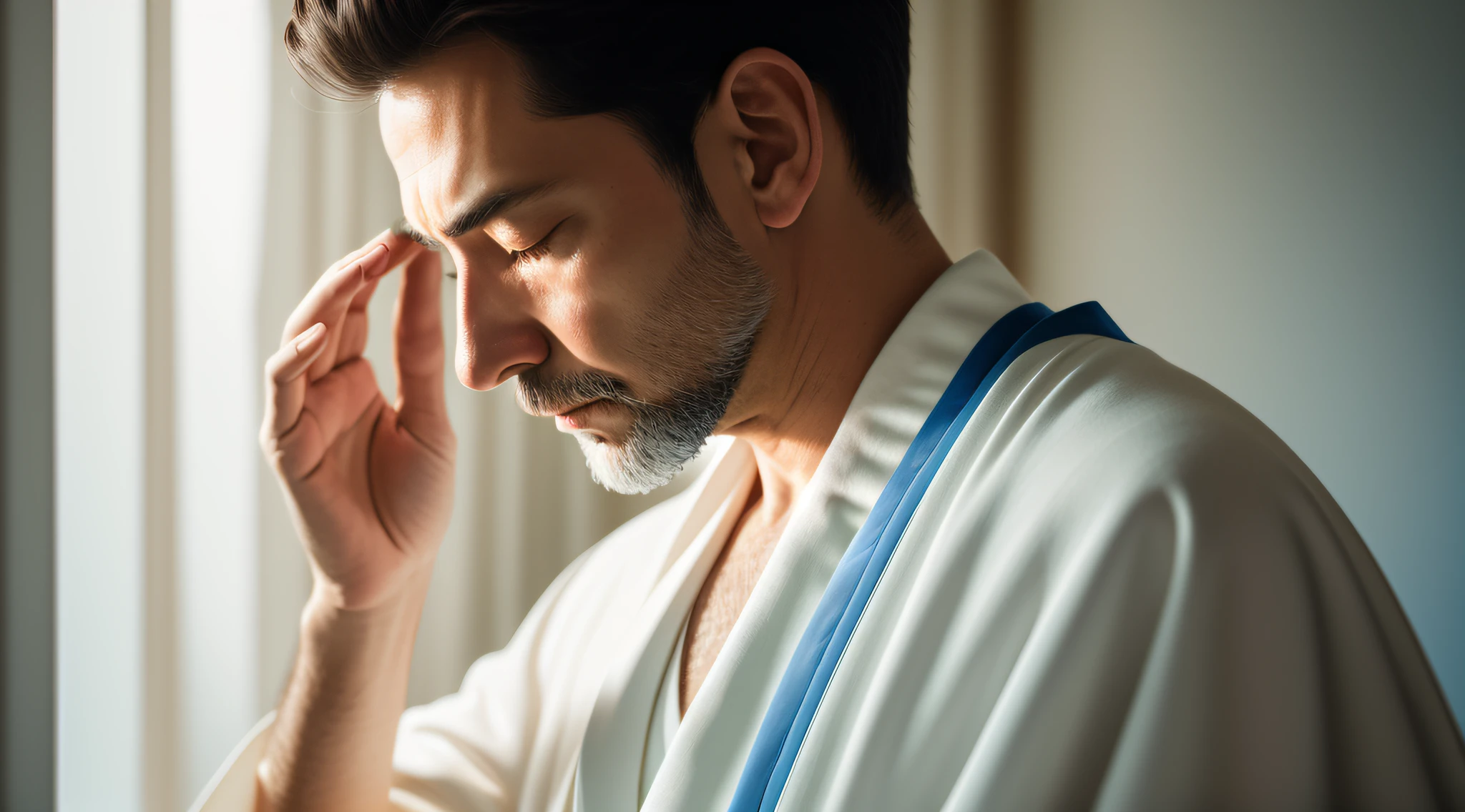 a meditating sage, with a white robe, with blue details, white beard, calm countenance, realistic image, Expressionism, relationship graph, reflection light, backlighting, UHD