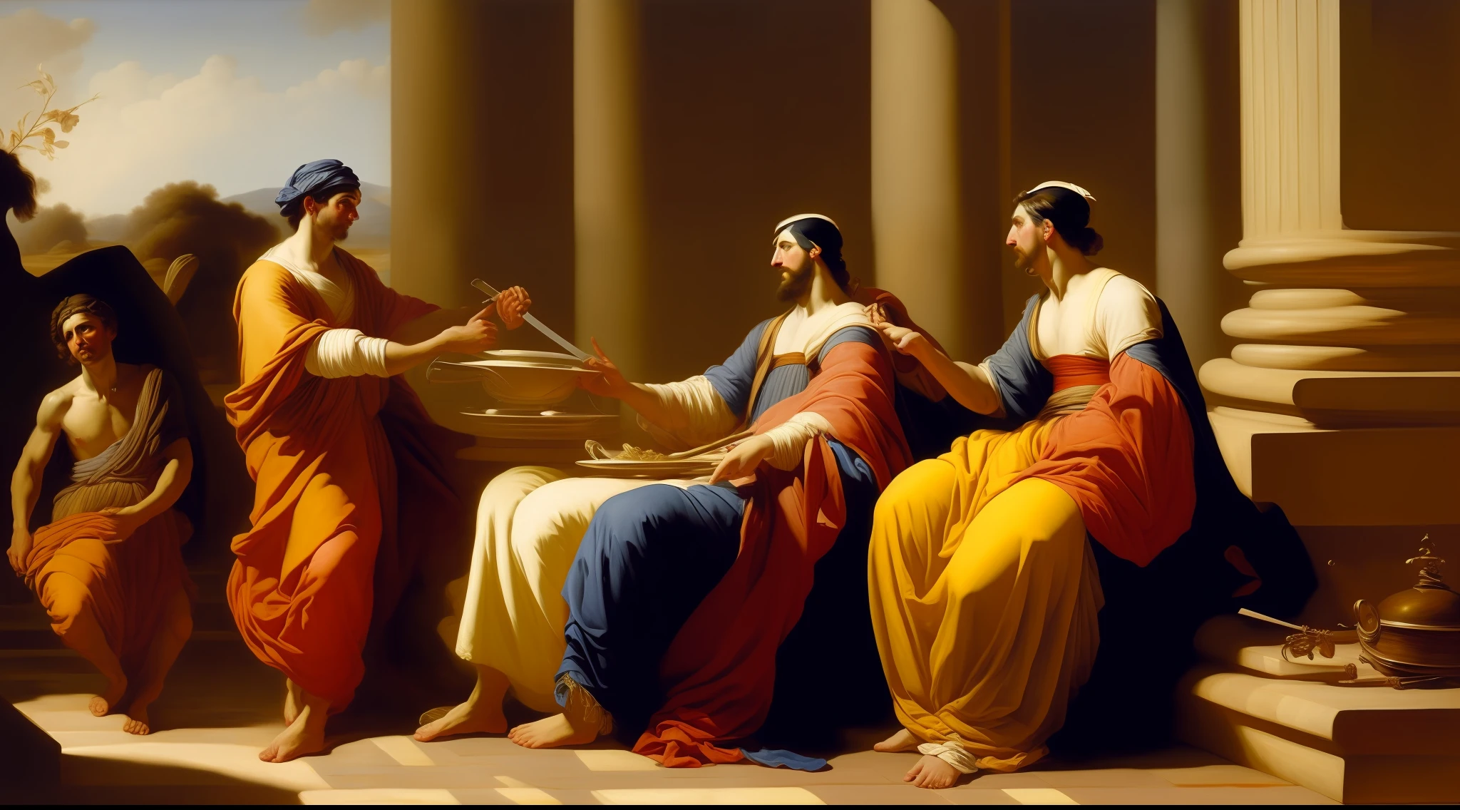 Arafed pintura de um homem com uma espada e um homem com um cocar, Directed by: Nicolas Poussin, Directed by: Antônio de la Gandara, Directed by: Joseph Raphael, Directed by: Giorgio De Vincenzi, Directed by: Gustave Boulanger, neoclassic painting, neoclassic painting, neoclassical paintings, Pintura de Golias, Directed by: Hans de Aachen, classicism oil painting --auto