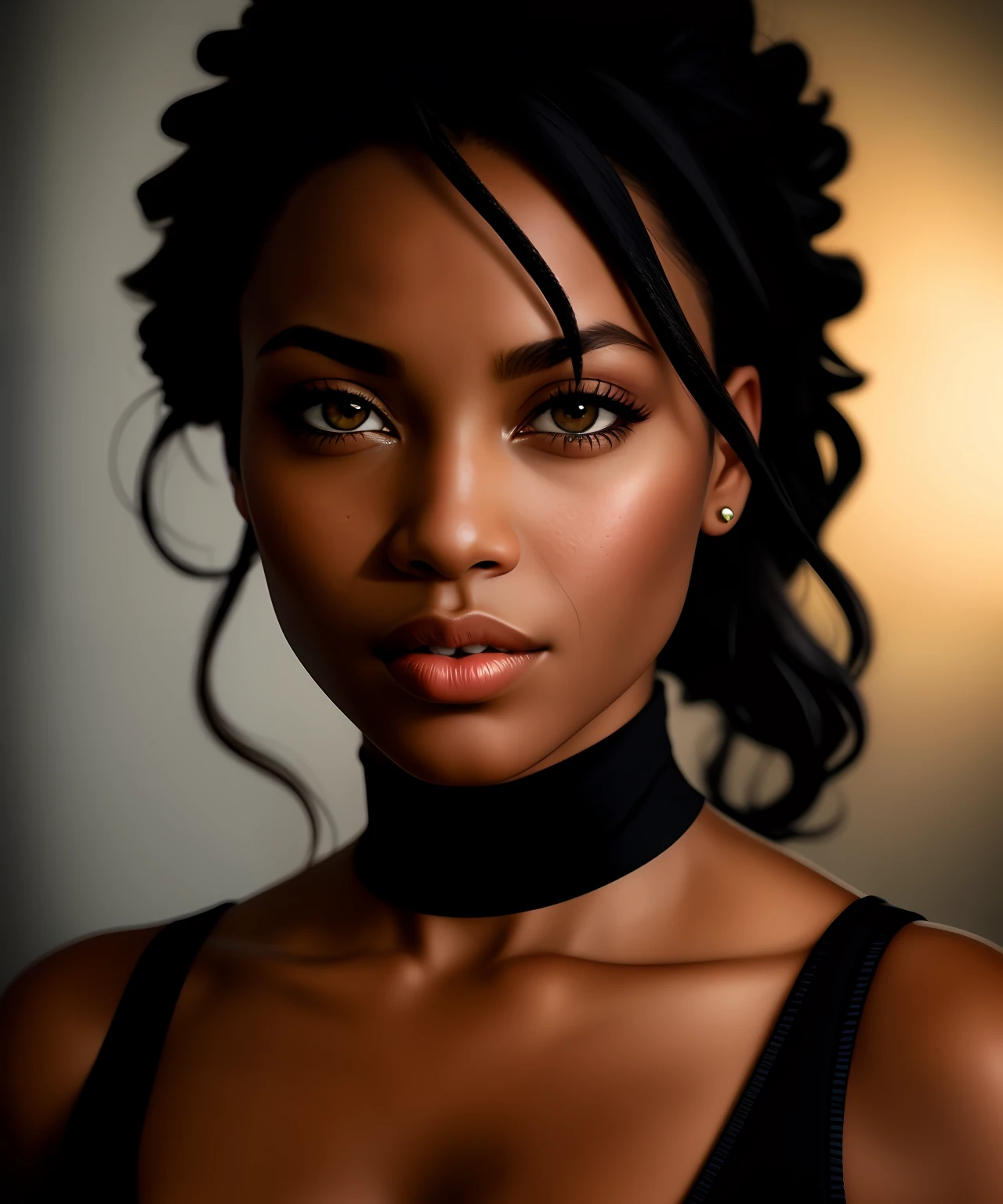 black female blkmndy, aggression, flirting with the camera, natural skin texture, hyper realism soft light, close up portrait photo by Annie Leibovitz, film, studio lighting, detailed skin, ultra realistic, bokeh, sharp feature