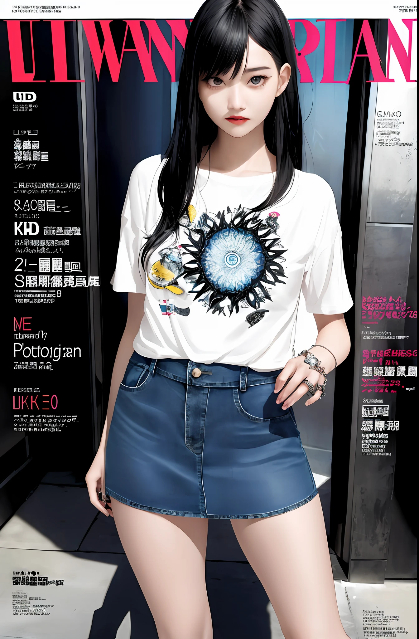 巨作、(photoreallistic:1.4)、最好质量、beautiful lighting、(ulzzang-6500:0.5)、Makima \(chainsawman\)、(Bob Hair)+(black har)+(bangss)、blue eyed、blue eyed、((Ring-shaped eyes))、(flare skirt)、Raw photography、8K UHD、Film Grain Young Beautiful Girl、ultra hyper-detailed、Official art、Unity8k wallpapers、(Fashion magazine cover:1.3)、 Break Denim Miniskirt、graphic tees、Combat Boots Mandala