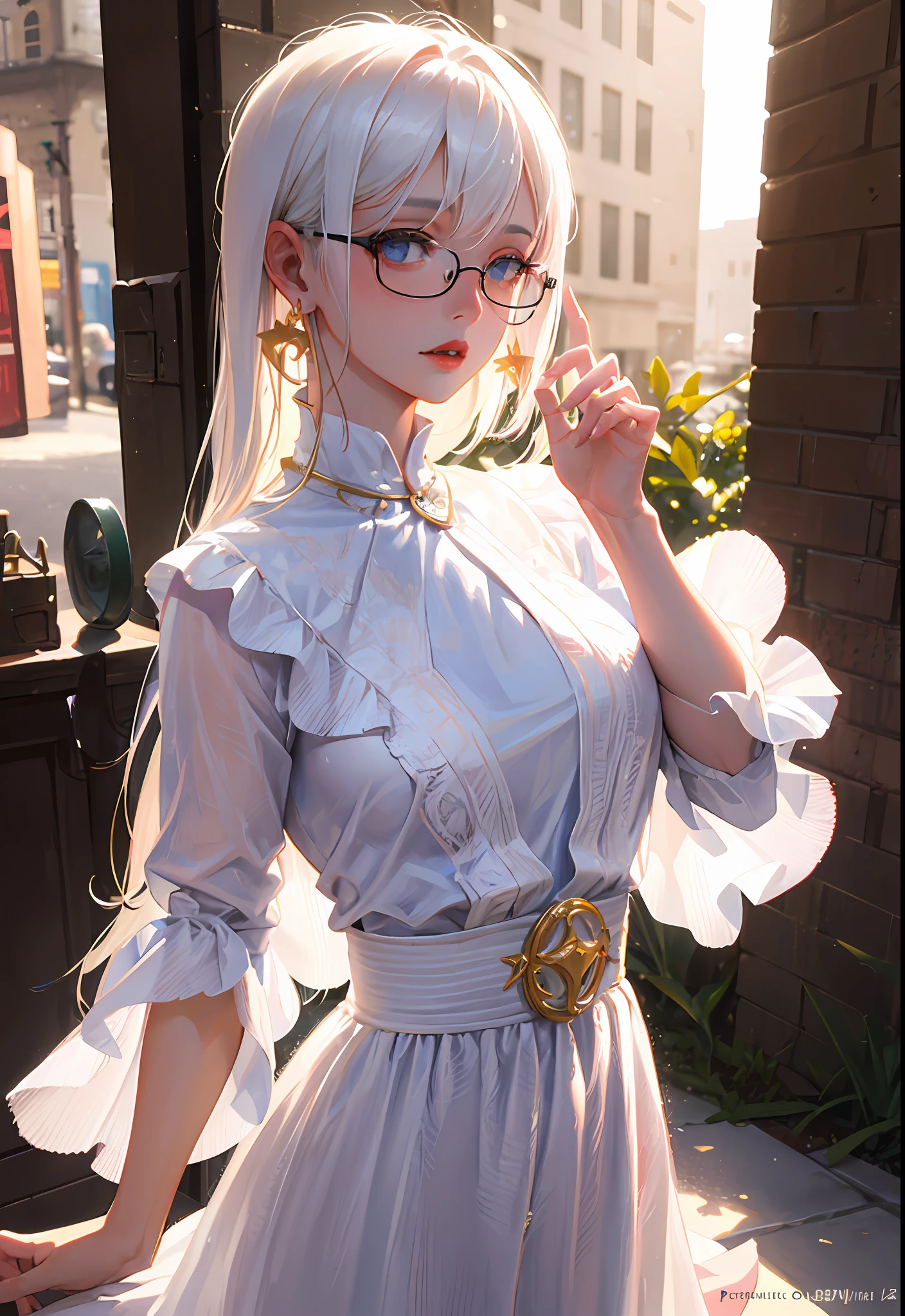 Best quality, masterpiece, ultra high res, (photorealistic:1.4), raw photo, 1girl, white hair, shiny skin, dramatic lighting, (fantasy), vampire, horn, earrings, white dress, glasses,