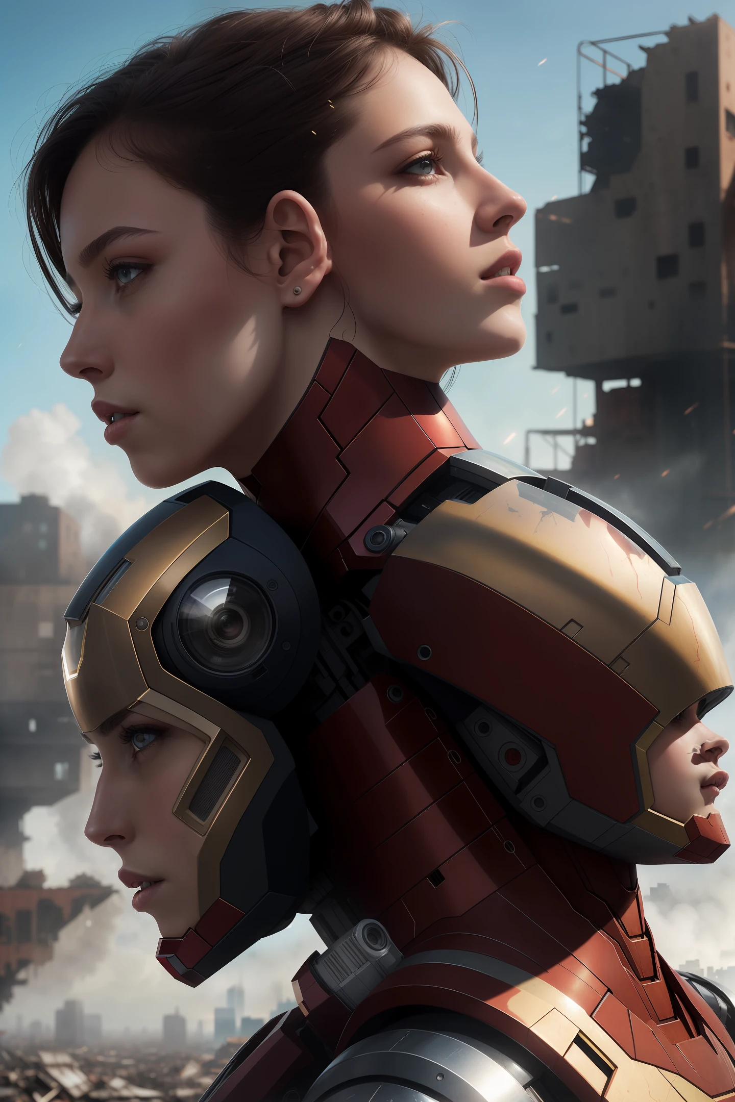 RAW, Masterpiece, Ultra Fine Photo,, Best Quality, Ultra High Resolution, Photorealistic, Sunlight, Full Body Portrait, Stunningly Beautiful,, Dynamic Poses, Delicate Face, Vibrant Eyes, (Side View) , she is wearing a futuristic Iron Man mech, red and gold color scheme, highly detailed abandoned warehouse background, detailed face, detailed and complex busy background, messy, gorgeous, milky white, high detailed skin, realistic skin details, visible pores , sharp focus, volumetric fog, 8k uhd, dslr camera, high quality, film grain, fair skin, photorealism, lomography, sprawling metropolis in futuristic dystopia, view from below, translucent