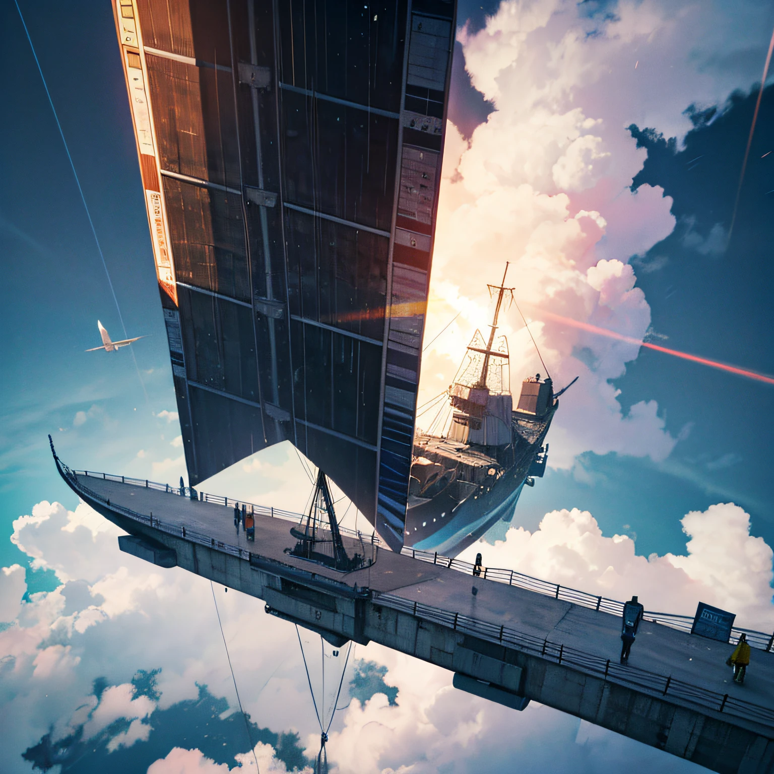 A spacecraft flies between storm clouds in an intense and heavy rain many rays cut through the cloudy sky, in sky, ships fly towards a large city, ao fundo visto de cima da tempestade, em 3d, hiper-relismo em cena;, definition in all elements in the scene, cores semelhantes a Ghibli, pintura fosca digital --auto