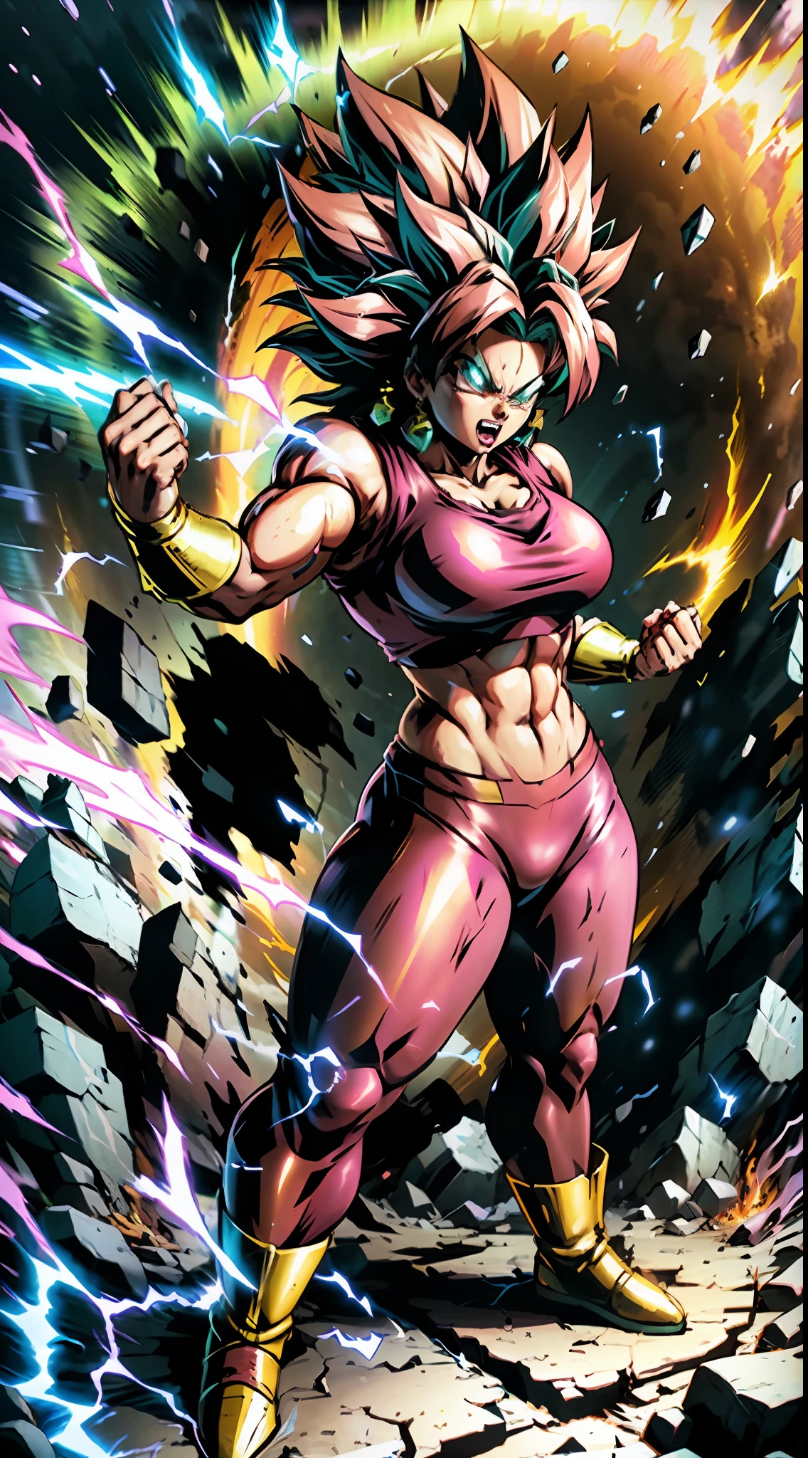 Super Saiyan Kefla unleashes a colossal energy wave that shatters the ground and creates a massive shockwave. He stands on a rocky terrain with a stormy sky in the background. The energy wave is a mix of pink and yellow hues with a swirling pattern. (dark:1.2), (epic:1.3), (chaotic composition:1.2), (metallic:1.1), (gritty texture:1.1), (comic book:1.2), (((3D))), (((realistic))), girl, big tits, green hair, red suite, slime body