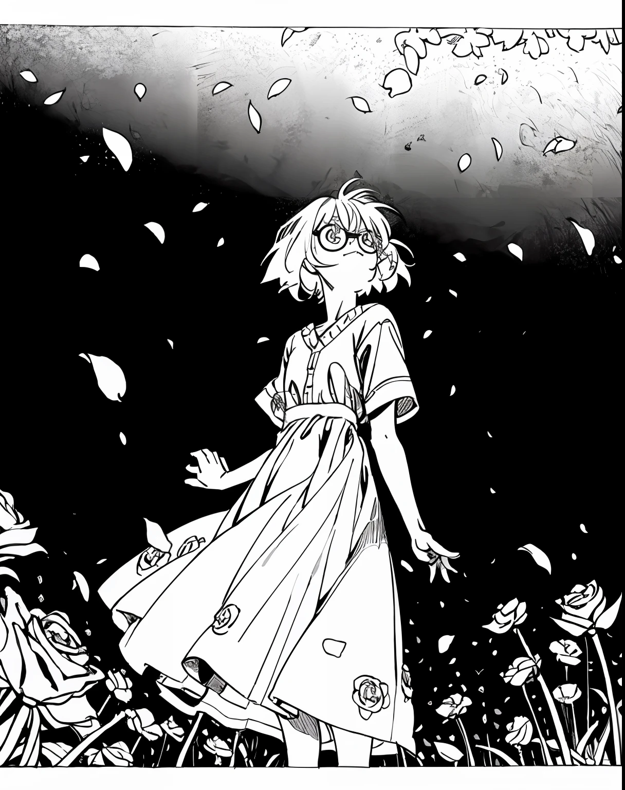 Mirai Kuriyama wearing a casual summer dress in a field full of flowers and tall plants, falling petals, roses, VHS, vintage, red glasses, manga style, white background, ((monochrome)), far away shot