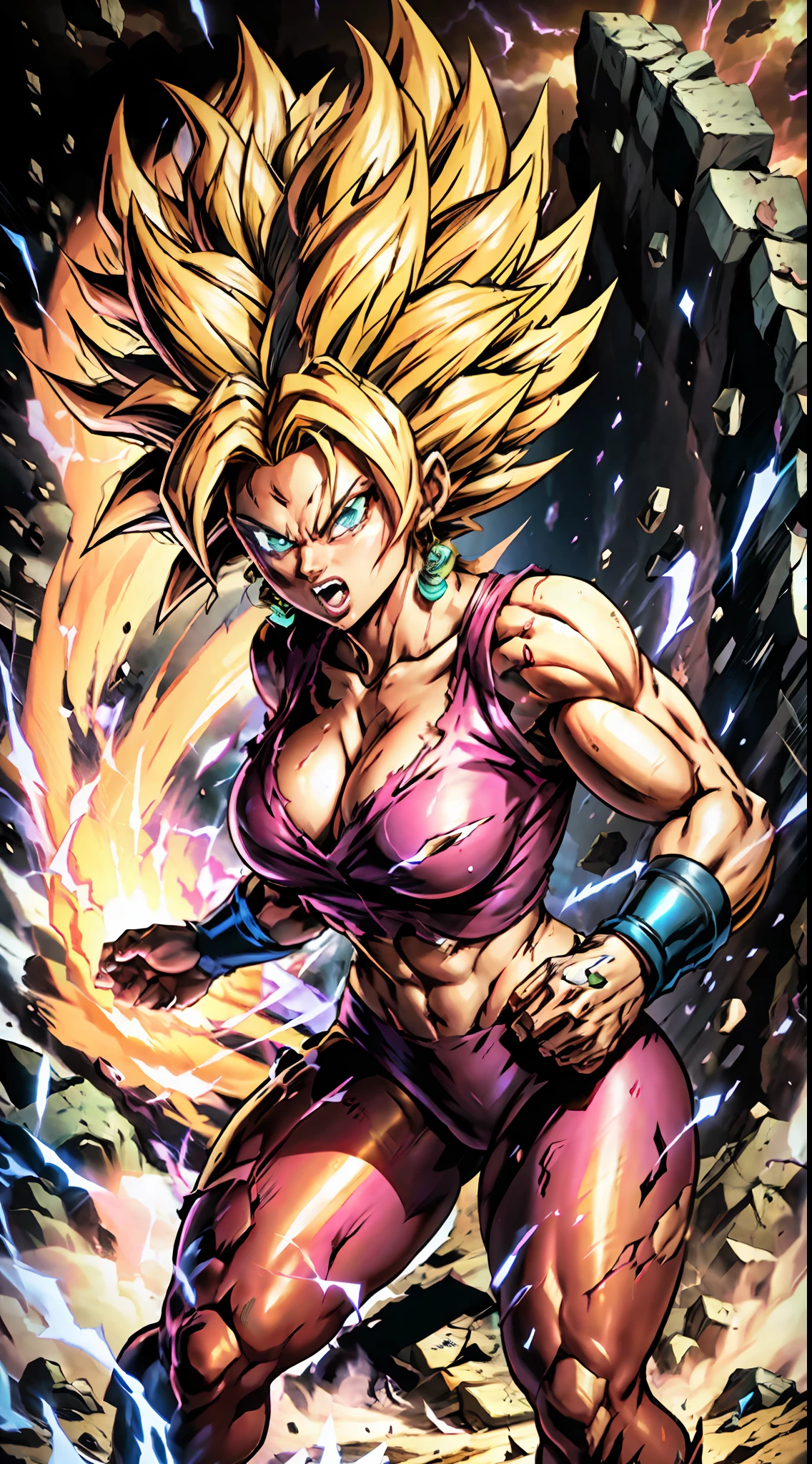 Super Saiyan Kefla unleashes a colossal energy wave that shatters the ground and creates a massive shockwave. He stands on a rocky terrain with a stormy sky in the background. The energy wave is a mix of pink and yellow hues with a swirling pattern. (dark:1.2), (epic:1.3), (chaotic composition:1.2), (metallic:1.1), (gritty texture:1.1), (comic book:1.2), (((3D))), (((realistic))), girl, big tits, green hair, red suite, slime body