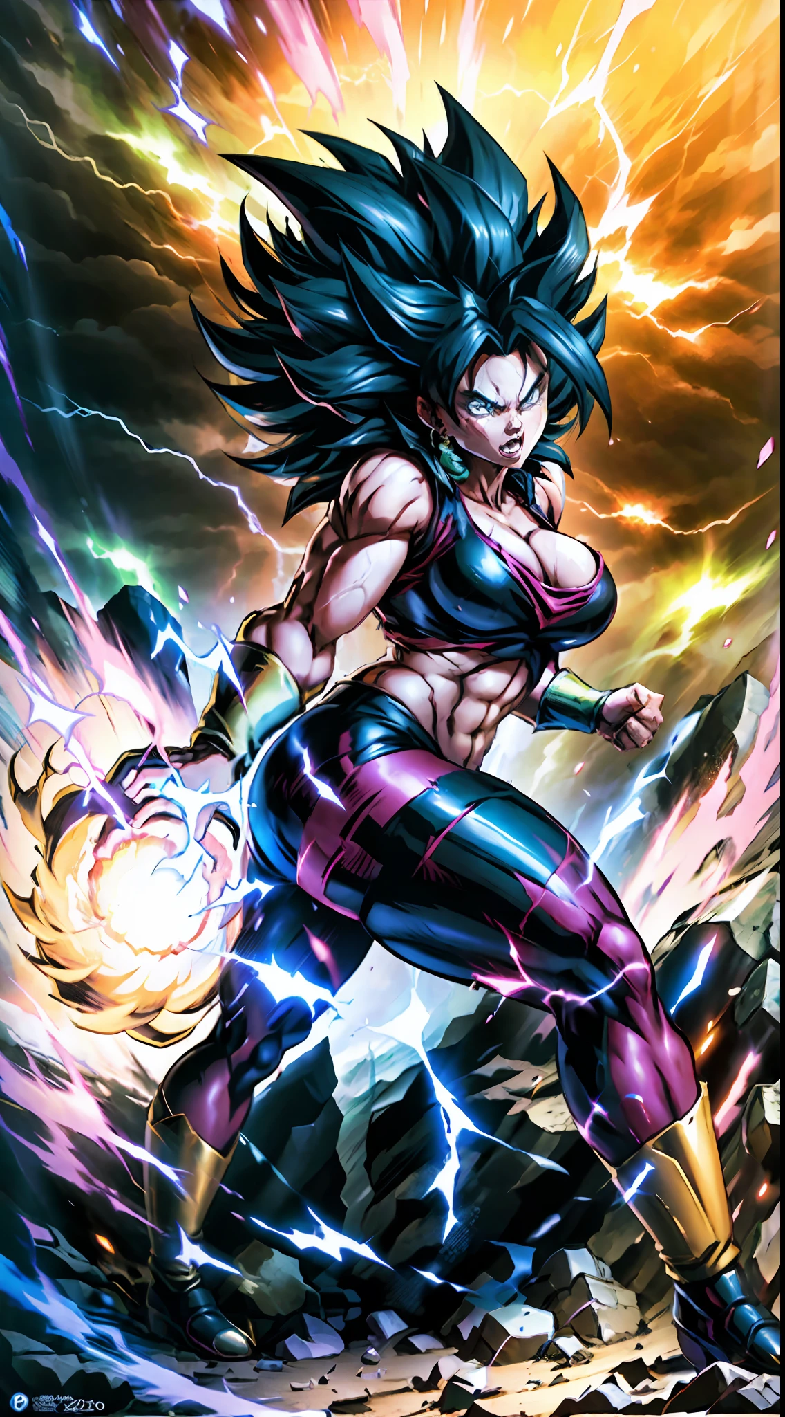 Super Saiyan Kefla unleashes a colossal energy wave that shatters the ground and creates a massive shockwave. He stands on a rocky terrain with a stormy sky in the background. The energy wave is a mix of pink and yellow hues with a swirling pattern. (dark:1.2), (epic:1.3), (chaotic composition:1.2), (metallic:1.1), (gritty texture:1.1), (comic book:1.2), (((3D))), (((realistic))), girl, big tits, green hair, red suite, slime body