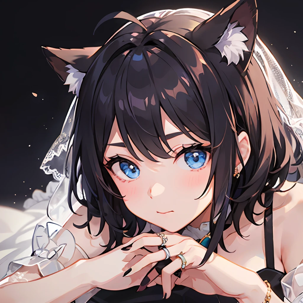 ((最好质量))、((巨作))、((ultra-definition))、(illutst)、(Fine light)、(Extremely delicate and beautiful)、(((独奏)))、a 1 girl、(((a beautifulchi girl) )))、((Best Quality, High_resolution, Distinct_image)),(Black hair), (Black cat ears), (Ahoge), (absurdly short hair), (Wavy hair), (Blue Eyes),Fashionable background、weddingdress、Wearing a ring on the ring finger of his left hand、