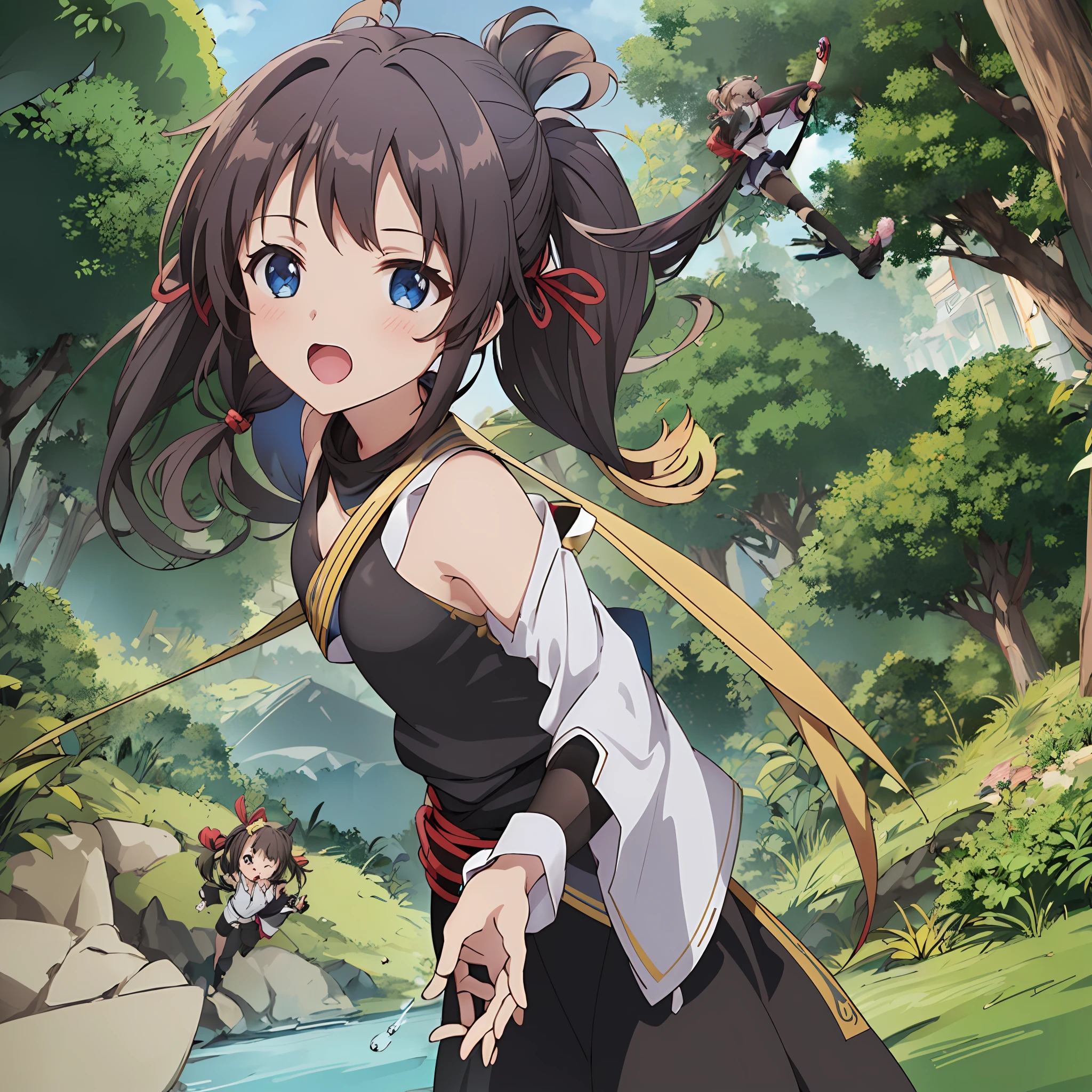 (ultra hyper-detailed、Hi-Def、Kyoto Animation Style Anime Illustration、Top Quality Official Art Feature:1.6)、、Detailed beautiful face and eyes、Highly detailed body、Nice hands with very detailed hair、perfect hand、beautifull hands、(1girl in:1.4)、(Chibi:0.8)、(kawaii:1.2)、(a cute:1.2)、(boobs :1.5)、1 girl、(Medium chest、Beautiful breasts、cleavage looks bigger、Black hair、Long hair with trimmed hair,Twintail、 long sleeves:1.5)、(Dynamic angles、Looking at the camera、Upper body body、Ninja bandana,Black Ninja Jacket,Ninja pants,Ready with bitterness、Character Focus:1.2)、1 Focus on girls,(Medium、Black hair、Semi-long hair with trimmed hair)、break、Ninja covered building,Ninja Garden,Ninja dwelling,Mountains and forests background,