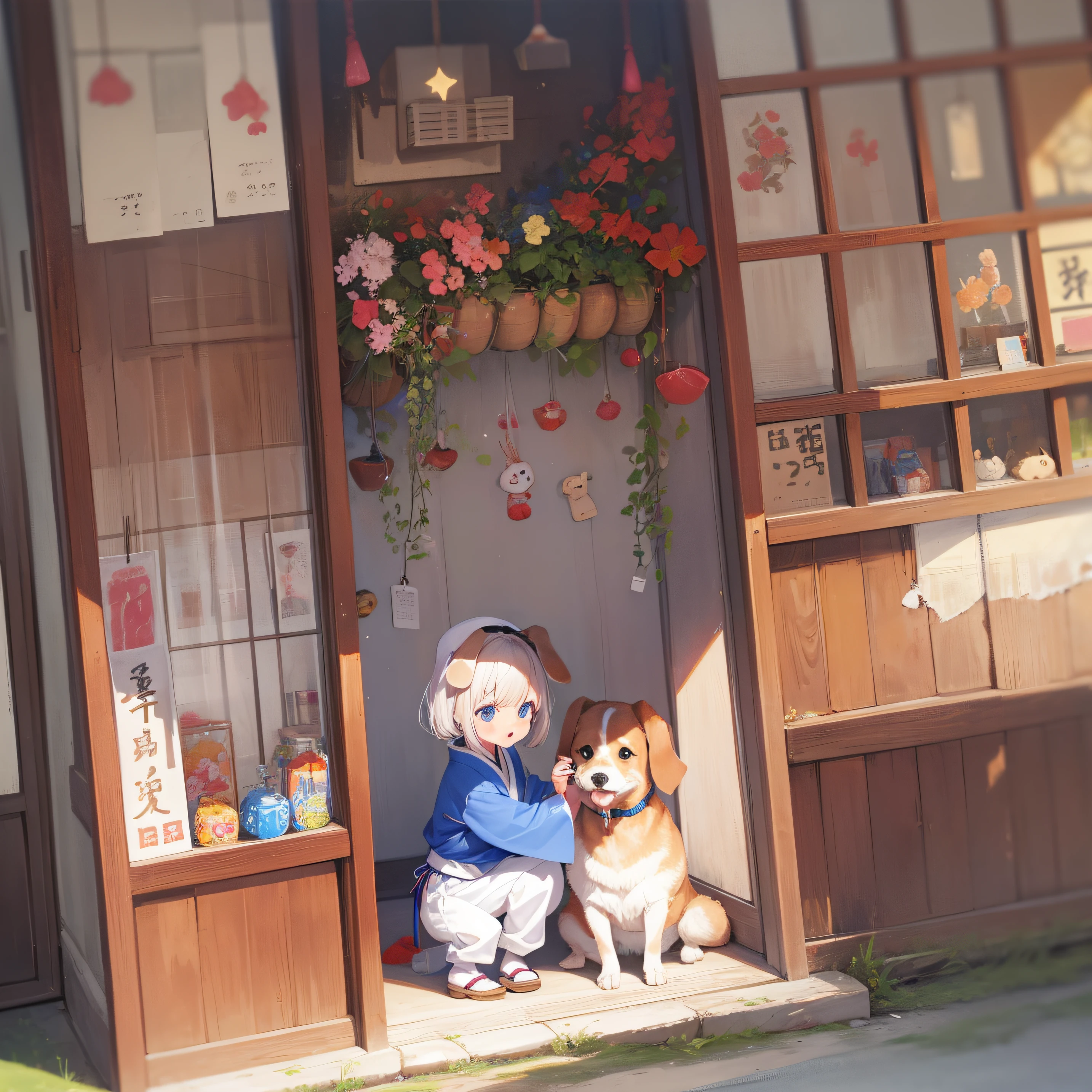 Incredibly cute  girl Jessica, accompanied by her cute puppy, is buying a book for school in a beautiful and colorful bookstore in the middle of the city, The illustration is high resolution 4k resolution, with very detailed facial features and cartoon style graphics.