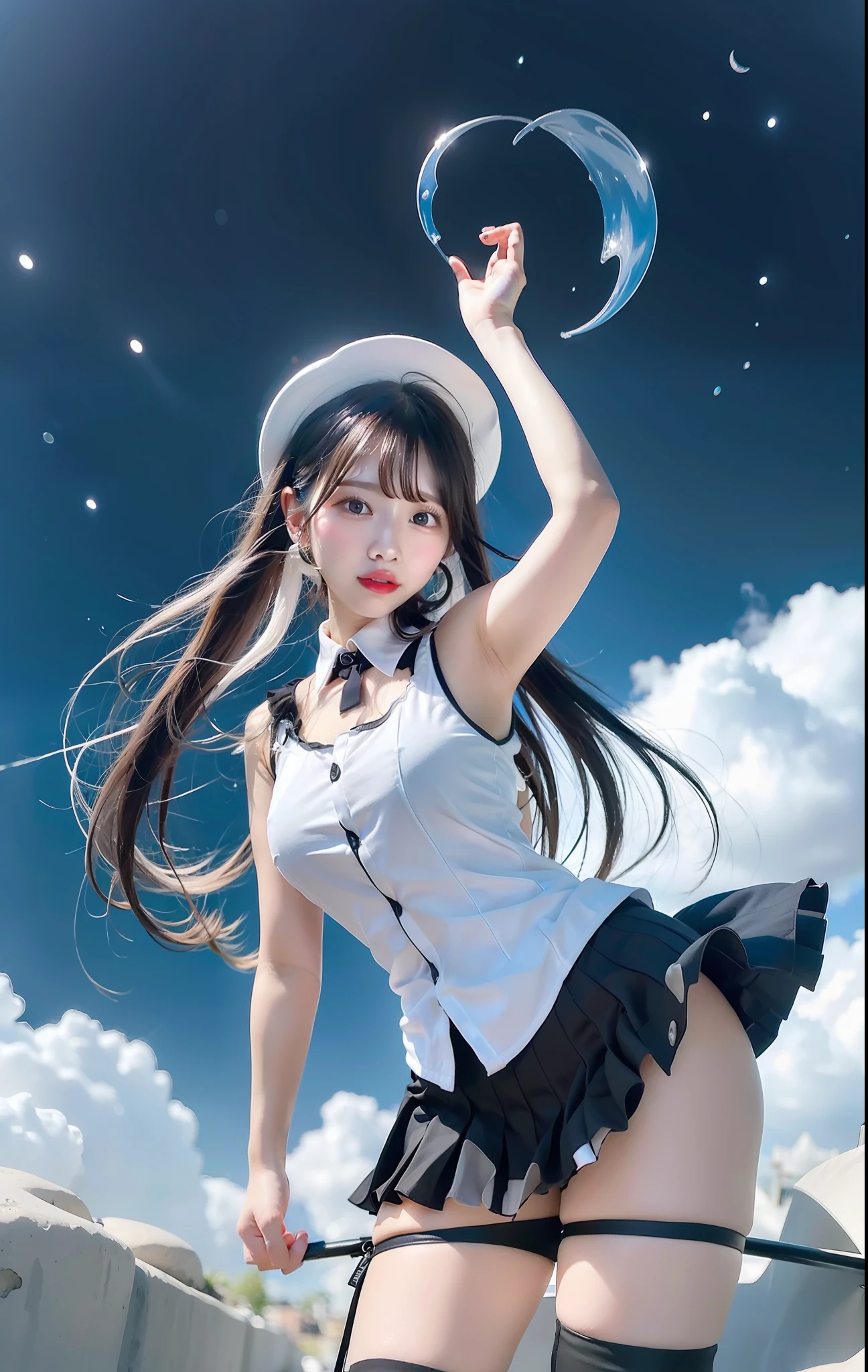 1 girl,white long hair,big breath,black short skirt