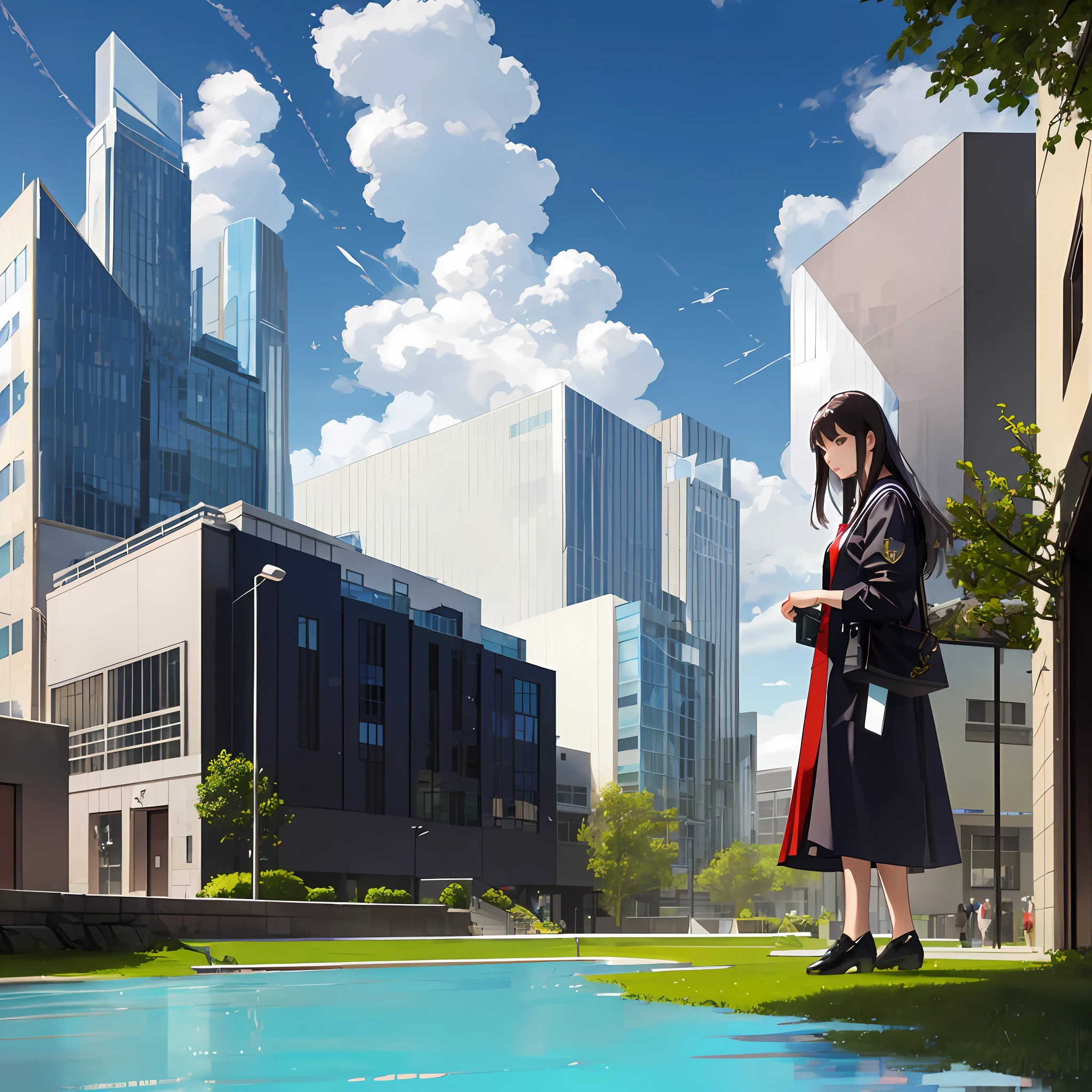 3D，No man's land，Glass Building，Uniform style cyan blue glass。elegance，There is a university，Picture of the Academy，There is a lawn in front，Very spacious lawn, Realistic style cityscape,American University，Modern Wind Academy，