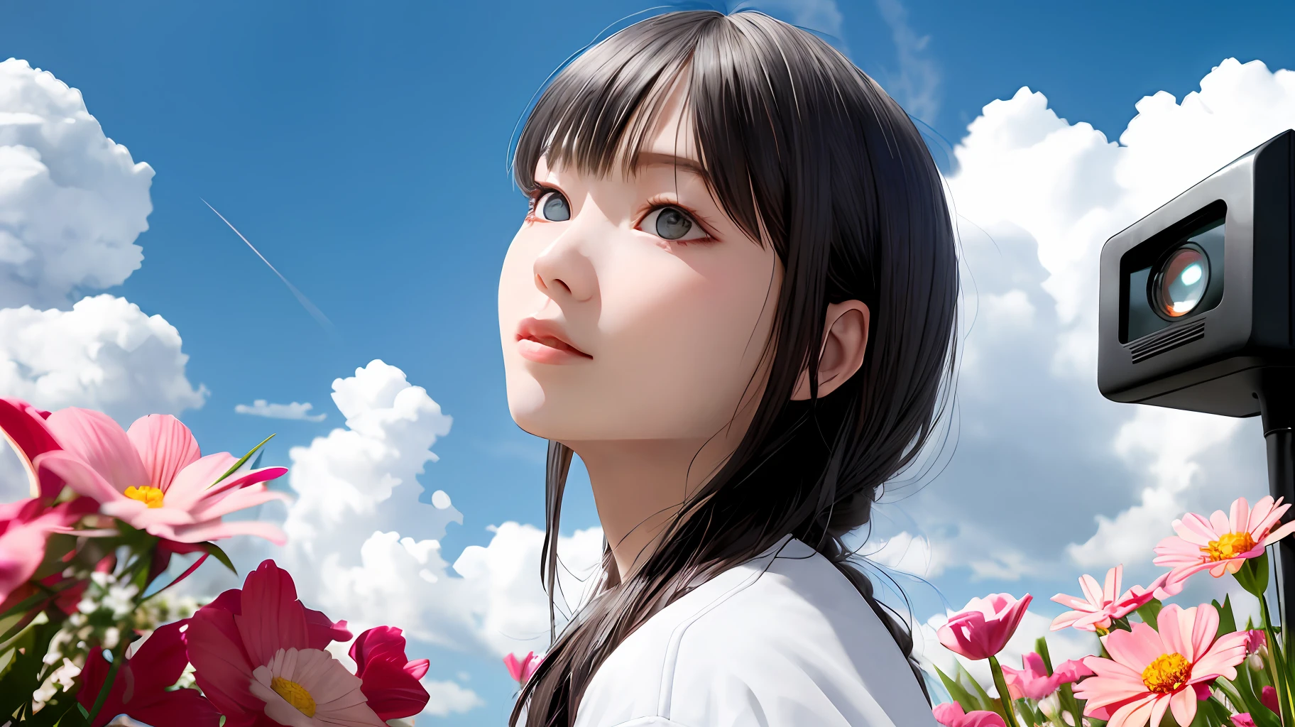 巨作、(photoreallistic:1.4)、最好质量、beautiful lighting、(ulzzang-6500:0.5)、Makima \(chainsawman\)、(Bob hair)+(black har)+(bangss)、blue eyed、blue eyed、((Ring-shaped eyes))、RAW Photography、8k UHD、film grains(巨作、最好质量)、florals、exteriors、letterbox、student clothes、daytime、skyward、look up to、the clouds、sunlight、White shirt、serafuku、Upper body body、from side、from side、pink flowers、Blurring、A blue sky、depth of field