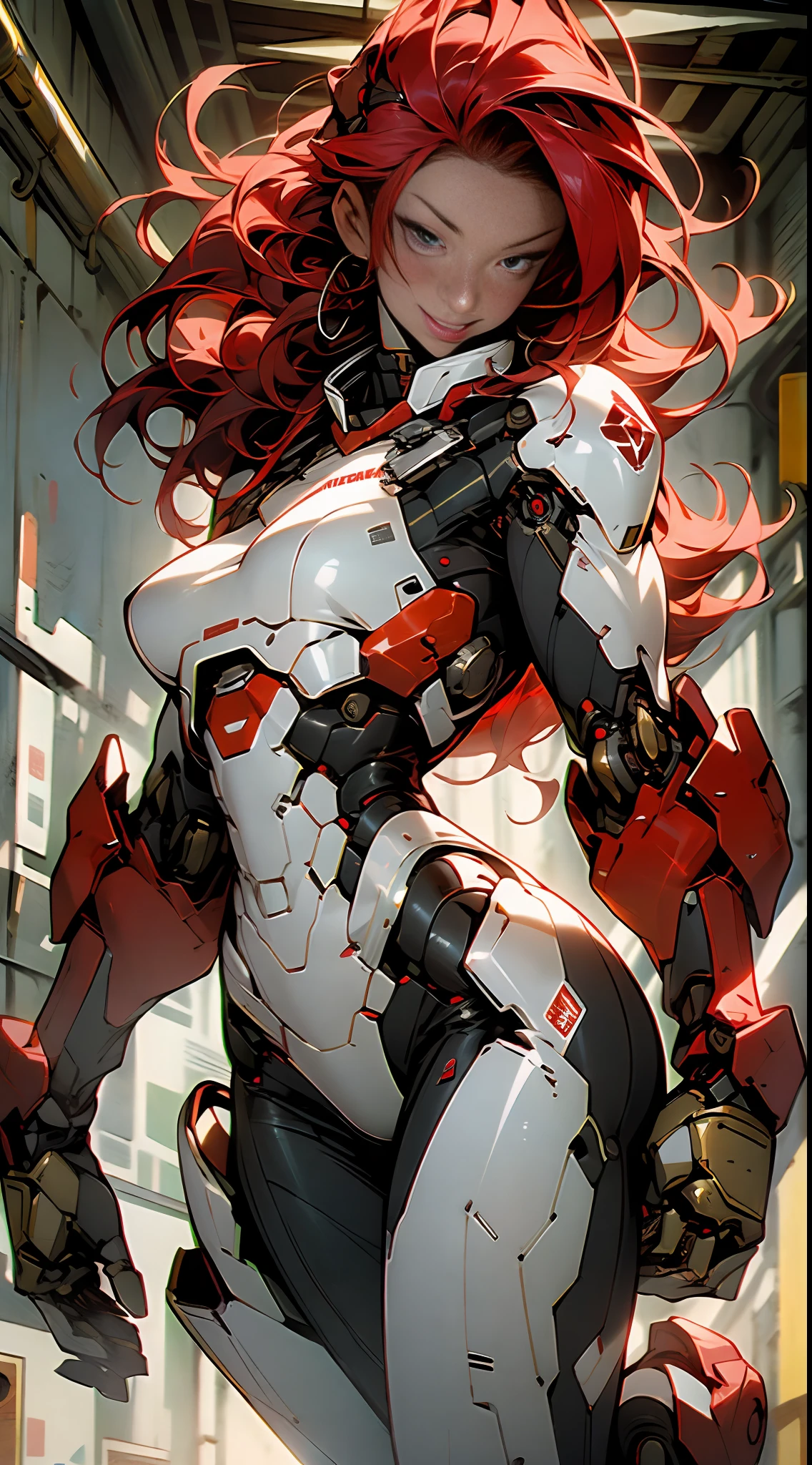 (((masterpiece))), (((best quality))), ((((absurdities))), Muscular 35-year-old adult woman with robotic armor, large breasts, sensual pose, white mohawk hair with red locks, proportional body, full body, beautiful, mischievous smile, military installation