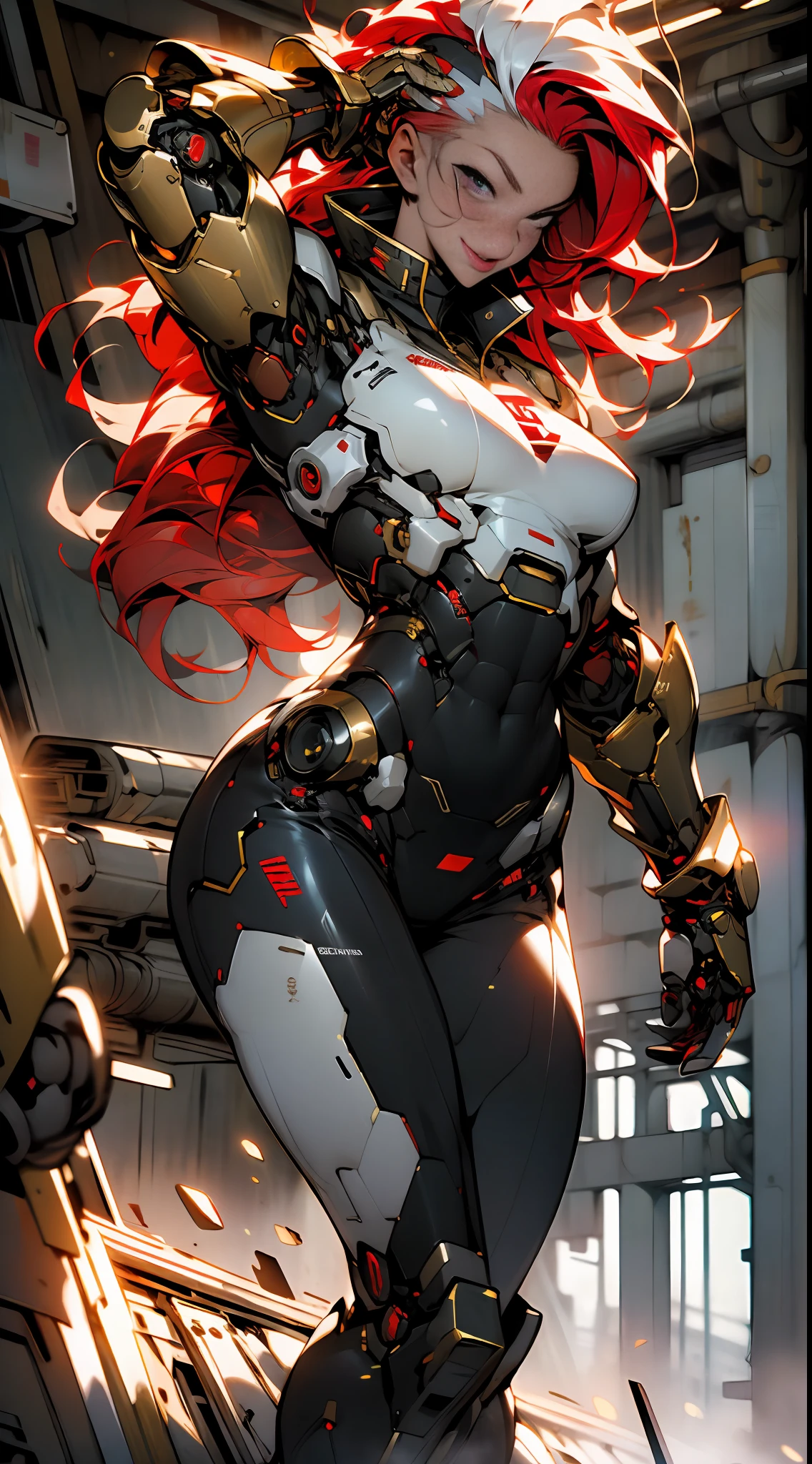 (((masterpiece))), (((best quality))), ((((absurdities))), Muscular 35-year-old adult woman with robotic armor, large breasts, sensual pose, white mohawk hair with red locks, proportional body, full body, beautiful, mischievous smile, military installation